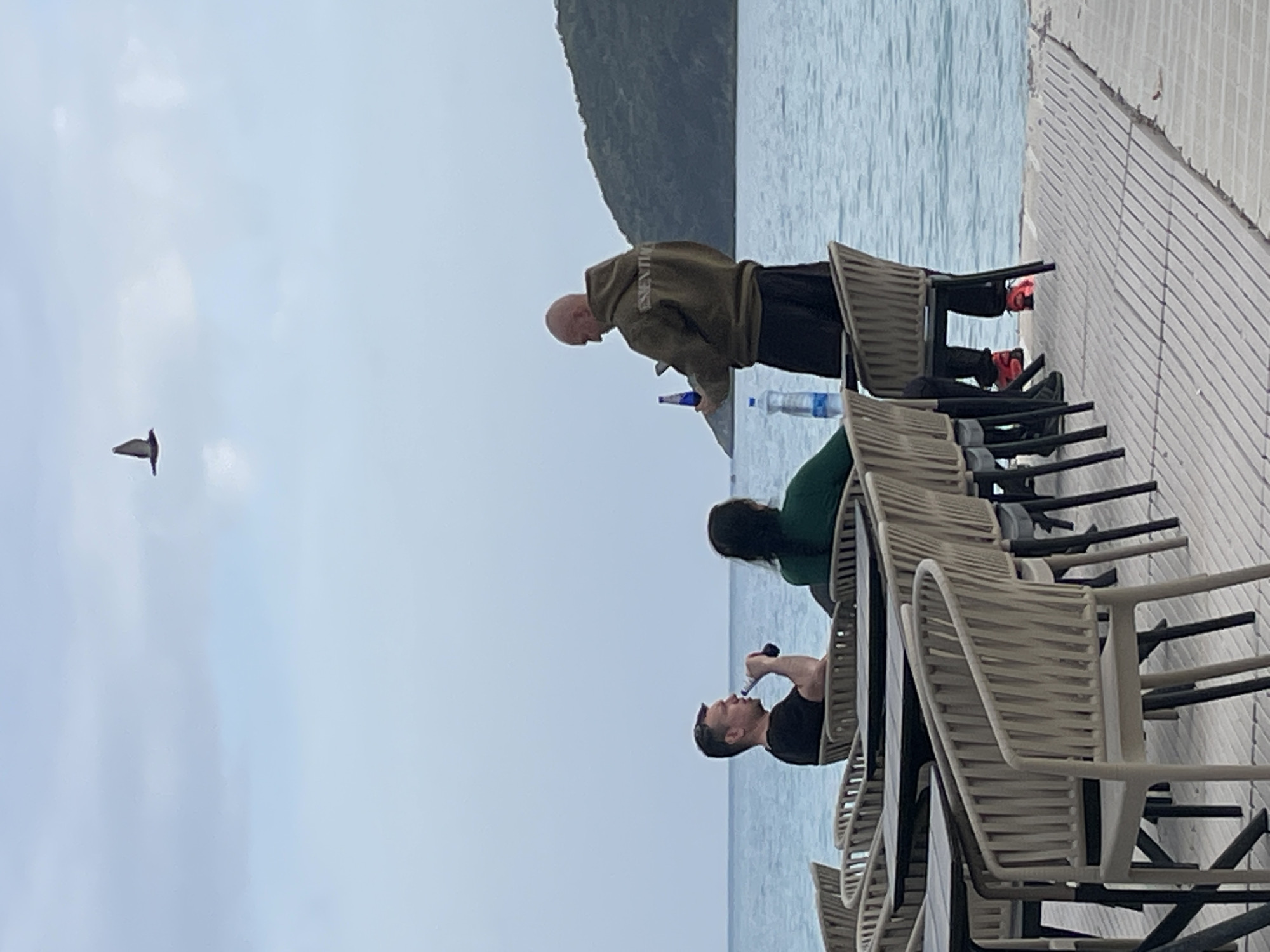 The image depicts a scene on a waterfront in Budva, Montenegro. Three individuals are present: an older bald man in an olive-green hooded jacket, a woman with dark hair wearing a green shirt, and a younger man in a black shirt. The older man is leaning over the railing, looking at the water, and has two water bottles nearby. The younger man sits behind him, taking a drink from a can. The woman is seated next to him. The scene unfolds on a wooden deck lined with white plastic chairs. A gray overcast sky is above, and a rocky forested hill rises from the water across the bay. A bird flies across the sky in the distance.