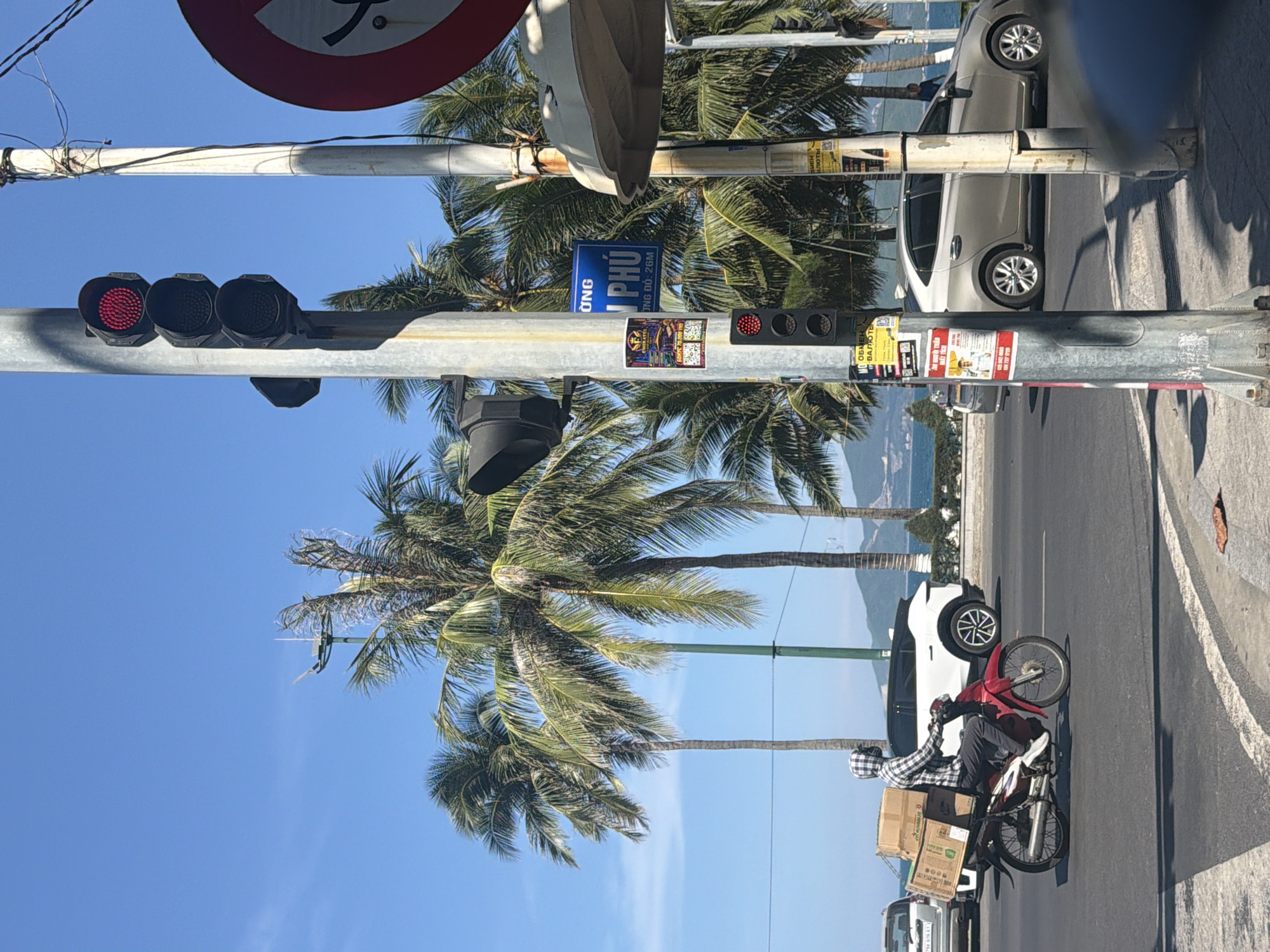 The image shows a street scene in Nha Trang Ward, Vietnam, on a sunny day. A man is riding a red motorcycle loaded with cardboard boxes. He is wearing a checkered hooded shirt and dark pants. He is in motion on a paved road. In the background, there are several cars, including a white SUV and a silver sedan. Palm trees are prominent throughout the scene, with lush green fronds against a clear blue sky. A traffic light pole with a red light illuminated is also visible in the foreground, along with various posters attached to it. The ocean and a distant coastline with hills can be seen in the background.