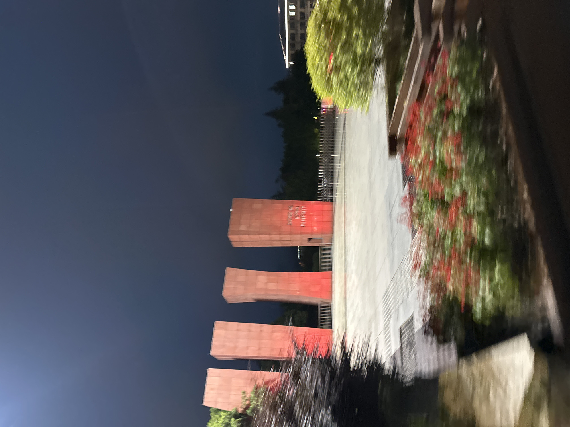 This image captures an outdoor scene at night, likely in the Chongqing High-tech Zone, China, showcasing a public space with prominent architectural elements and landscaping. In the background, four tall, reddish-orange rectangular structures stand illuminated. The leftmost structure is partially obscured by dark foliage. Text is visible on the rightmost structure, reading "CHONGQING NORMAL UNIVERSITY".
The foreground features a paved area, possibly a plaza, with a subtle grid pattern in the paving stones. To the right, a vibrant green shrub is visible, appearing somewhat blurred due to motion. In the lower right and center of the image, a garden bed is filled with numerous small red flowers and green foliage, also exhibiting motion blur, suggesting the photo was taken from a moving vehicle. The sky above is a deep, dark blue, indicating nighttime. A few trees are silhouetted against the sky behind the main structures, and a modern building with illuminated windows is visible in the far right background. A metal railing is also present, separating the paved area from a slightly lower level.
