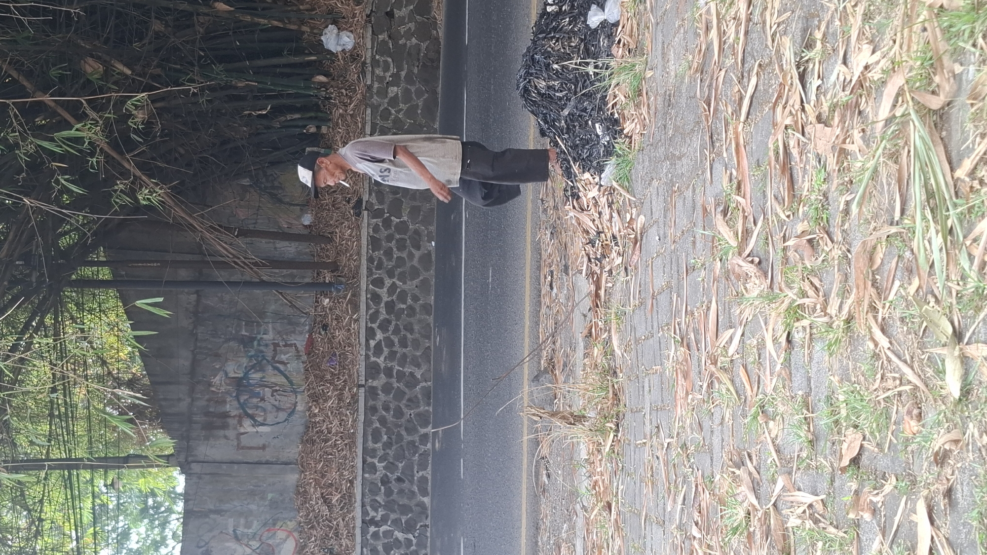 The image depicts an outdoor scene with a man walking on a paved path beside a road. The man is wearing a grey t-shirt, dark pants, and a baseball cap. He is smoking a cigarette. To the right of the man, there is a large pile of dark, possibly burnt, debris. The environment appears somewhat unkempt, with dry leaves and grass scattered on the ground and along the roadside. A stone wall runs along the edge of the road, and behind it, there is a concrete wall covered in graffiti. Tall bamboo stalks are visible in the background, suggesting a natural or semi-natural setting within or adjacent to an urban area. The scene is consistent with the surroundings in Cilaku, Indonesia, which is known for its natural landscapes and rural areas that often border developed zones.