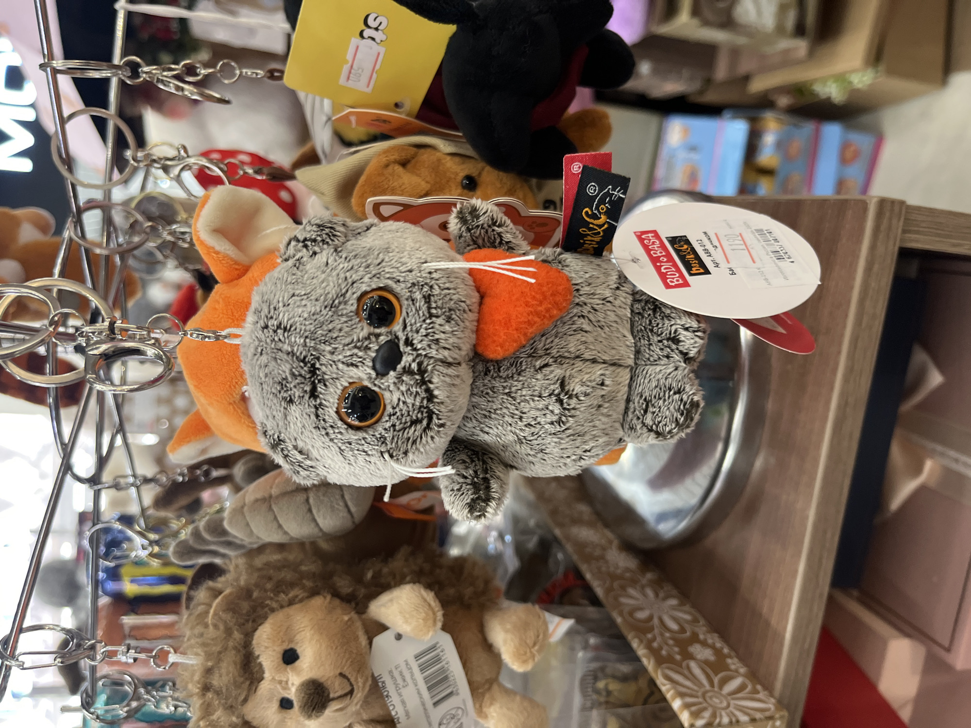 This is a close-up, eye-level, medium shot of various stuffed animal keychains hanging on a metal rack in what appears to be a retail store. The focus is on a grey, plush cat-like keychain with large orange eyes, a red heart accessory, and white whiskers. It is hanging from a silver keychain ring. To its left is a brown, hedgehog-like plush keychain, and to its right are glimpses of other plush toys, including an orange fox-like toy and a black toy. Several other keychains and tags are visible, some with Cyrillic text. The background is blurred but suggests more merchandise and shelving. The lighting is bright and even, typical of an indoor retail environment. The overall impression is a display of novelty toys. This scene is unlikely to be specifically located in Perm, Russia, as the image shows common retail merchandise and no identifying landmarks.
