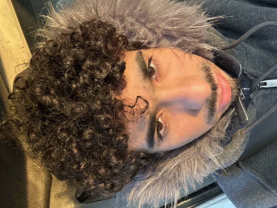 A young adult male is depicted in a high-angle, close-up portrait, presumably a self-portrait, taken within the interior of a vehicle in Saulx-les-Chartreux, France. The subject has dark, voluminous, tightly coiled curly hair, dark brown eyes, and prominent dark eyebrows. A short, dark mustache and a goatee are present. Dark, stylized marks, resembling whiskers or scars, are visible on the subject's left cheek. He is wearing a dark-colored hooded jacket, with the hood up, featuring a dense, greyish-white faux fur trim that frames his face. A silver-colored zipper pull is visible on the front of the jacket. The subject maintains a direct gaze towards the camera. Strong directional lighting, likely sunlight, illuminates the left side of his face, hair, and the fur trim, creating bright highlights. The background is indistinct and blurred, showing elements consistent with a vehicle's interior, including dark upholstery on the left and a lighter, possibly metallic or plastic surface on the upper right.