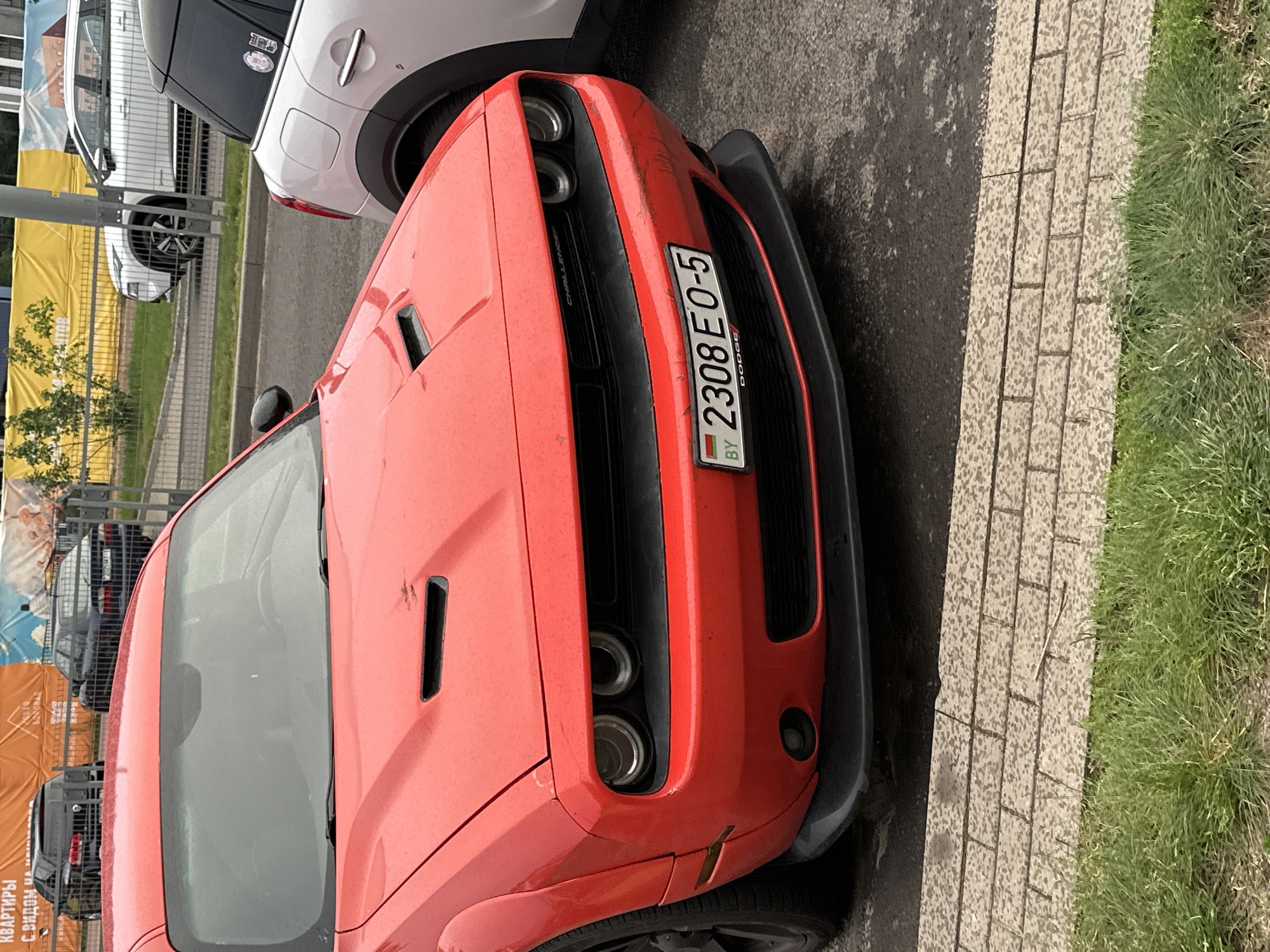 A red Dodge Challenger, featuring a front-facing view with a slight angle to the left, is parked on an asphalt surface. The vehicle exhibits two black hood vents/scoops, round headlights, and a black front splitter. The Belarusian license plate "BY 2308 EO-5" is affixed to the front bumper. Minor scuffs are visible on the lower right portion of the front bumper and on the hood near the passenger side. Water droplets are present on the car's surface. To the immediate right, the rear-left quarter of a white Mini Cooper with a black roof is partially visible, displaying a circular sticker on its rear window.
In the background, separated by a metal fence, are several other parked vehicles including two black BMWs (a sedan and an SUV) and a white SUV. A striped green grass area and light-colored brick pavers are visible in the foreground. Behind the fence, large advertising banners with Cyrillic text are displayed; a yellow banner partially reads "КВАРТИРЫ С ВИДОМ" (APARTMENTS WITH A VIEW) and "ЖИЛИЩНАЯ" (HOUSING), while a blue banner is also visible. Sparse vegetation, including trees and shrubs, can be seen in the distance. The scene is located in Бараўлянскі сельскі Савет, Belarus. No individuals are visible.