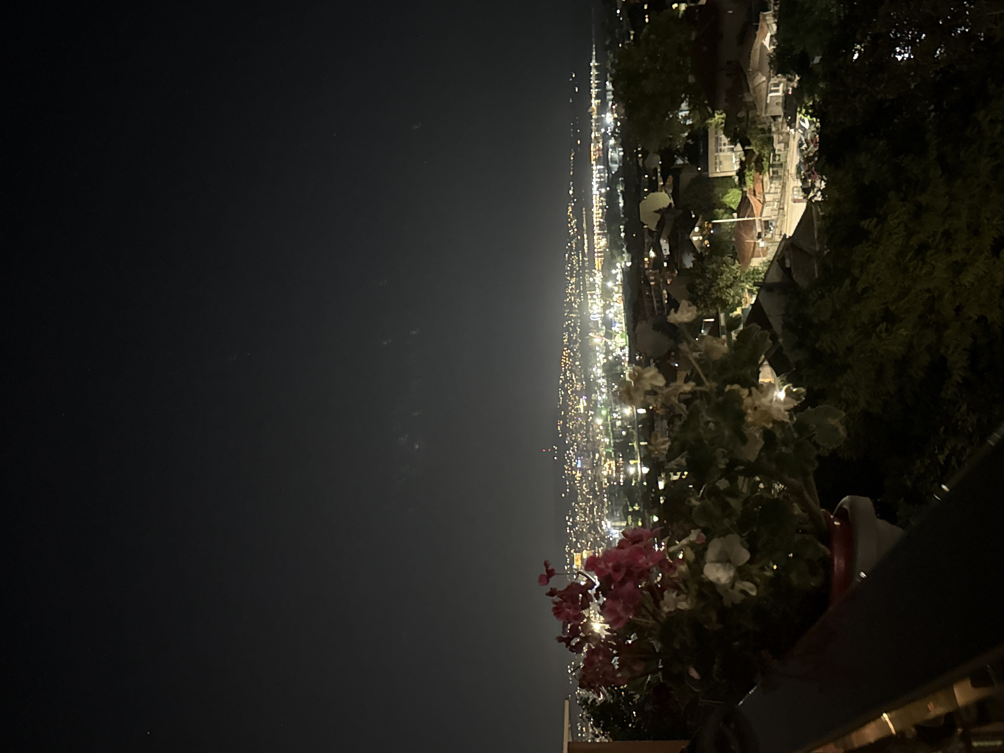 A high-angle shot captures a nighttime cityscape with a balcony in the foreground. Pink and white flowers in a pot sit on the balcony railing, adding a touch of color to the dark scene. The city below is illuminated by countless lights, creating a sparkling panorama that stretches to the horizon. The sky above is a deep, inky black, with a few faint stars visible. The overall impression is one of a tranquil and vibrant urban setting at night.
