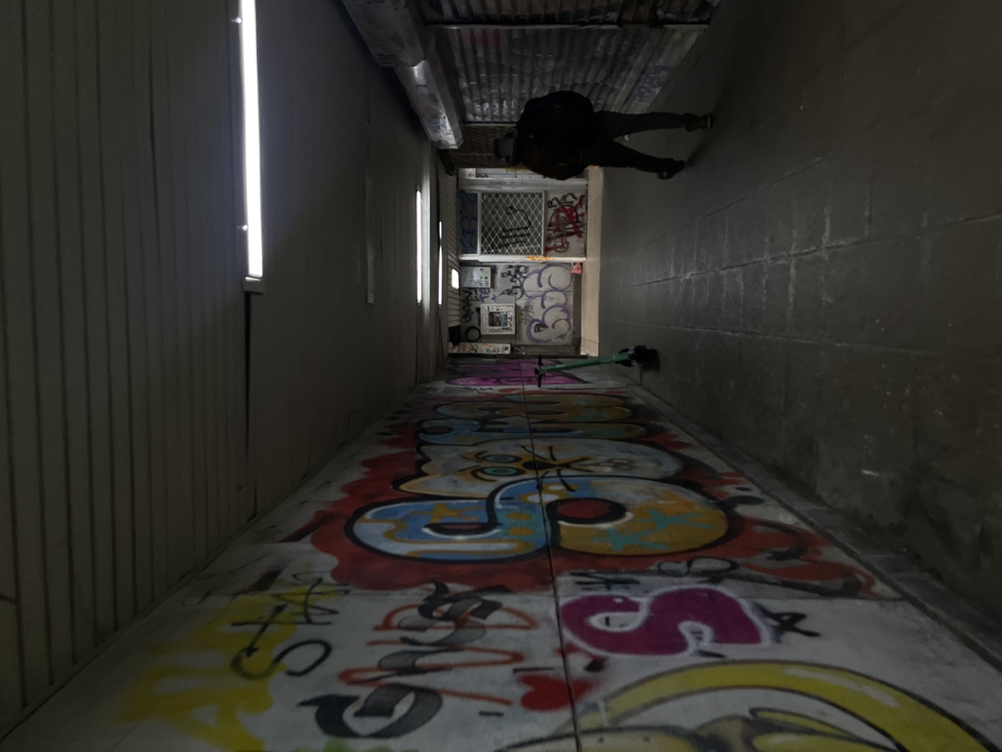 The image depicts a narrow, dimly lit alley in Sofia, Bulgaria. The floor is covered in extensive graffiti. At the end of the alley is a fenced-off area, also marked with graffiti. A person with a backpack is walking through the alley. A green mobility scooter lies on the floor. One or more light sources illuminate the alley's left side. The walls of the alley appear to be made of concrete or stone. The roof is corrugated metal.