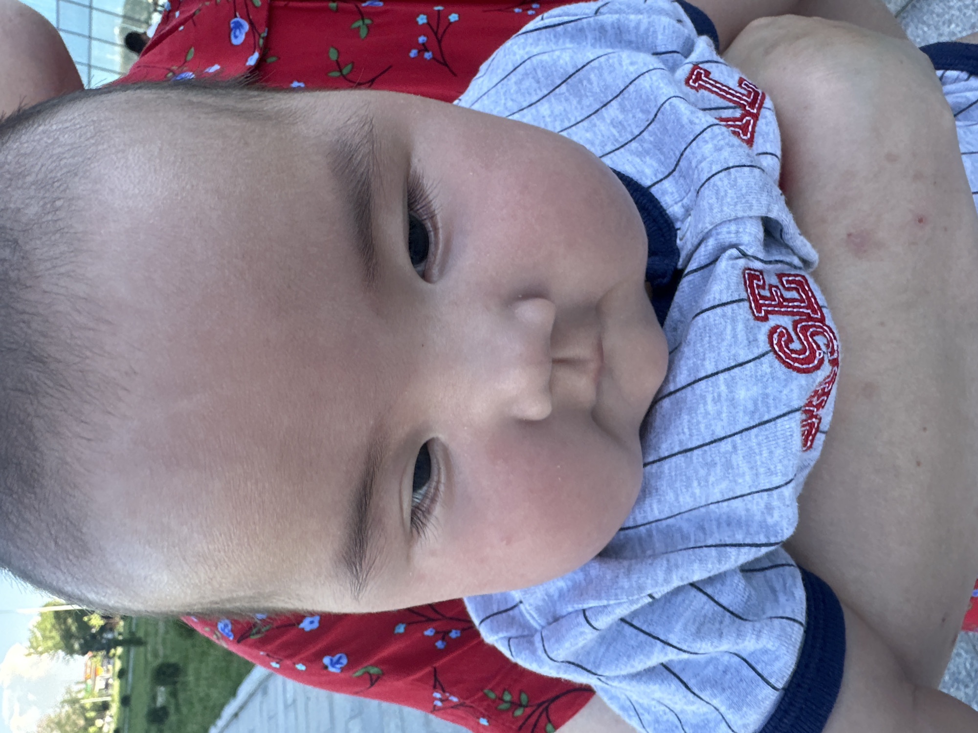 A close-up, rotated shot features a baby nestled in the arms of an adult. The baby, with fair skin and dark hair, wears a grey and white striped shirt with red embroidered lettering. The adult is dressed in a red garment with a floral pattern. The background reveals a blurred outdoor scene with greenery and what appears to be a paved area. The lighting suggests it is daytime. The image captures a moment of quiet intimacy between the two individuals. The lettering on the baby's shirt appears to be "ST."