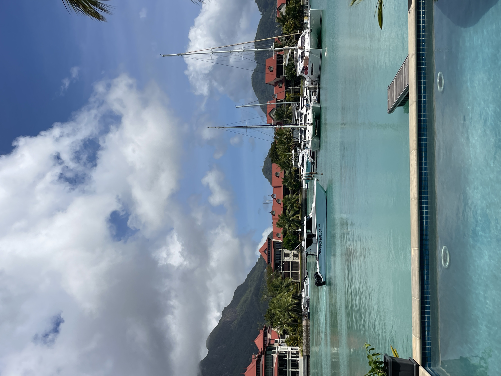 The image depicts a bright, sunny day in Providence, Seychelles, with a clear blue sky dotted with fluffy white clouds. In the foreground, a swimming pool with a tiled edge reflects the sky and surrounding greenery. Beyond the pool, a tranquil turquoise bay is visible, dotted with various boats, including a white motorboat with "OPPORTUNITY III BORN TO FISH" written on its side, several sailboats, and catamarans docked at a marina. The background features a row of upscale buildings with red tiled roofs, lush green palm trees, and a majestic mountain range in the distance, shrouded in a light mist. A small wooden jetty extends into the water from the foreground. The overall scene conveys a sense of tropical luxury and leisure.