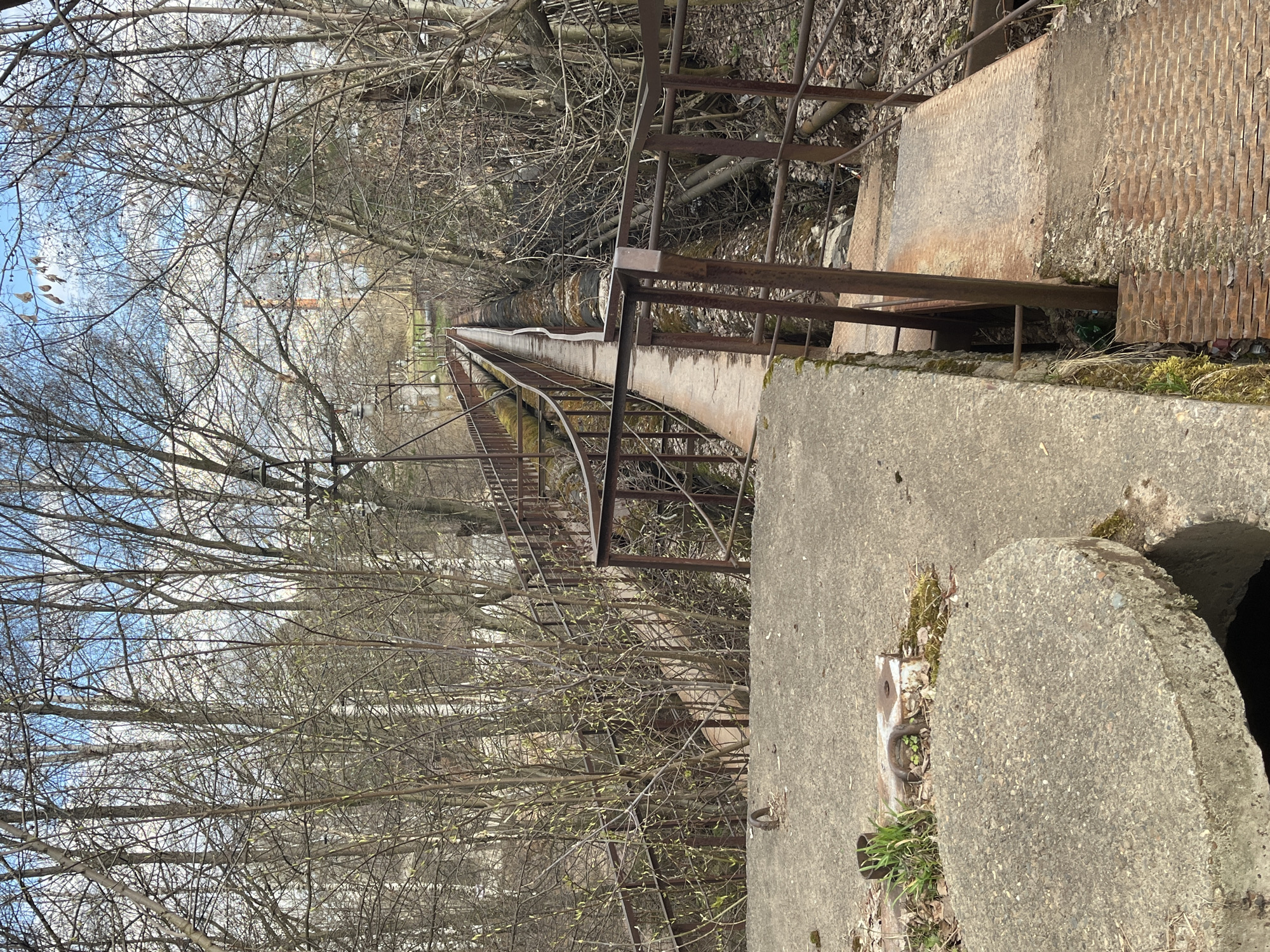 The image displays a long, straight concrete channel, possibly an aqueduct or drainage canal, extending into the distance through a landscape dominated by bare trees. Rusty metal railings run along both sides of the channel, suggesting it is part of an industrial or infrastructural system. The channel appears to contain water or a dark liquid.
In the foreground, to the right, are several concrete structures. One large concrete block is topped with heavily rusted, textured metal grates or covers. Adjacent to this, a round, coarse concrete manhole cover is partially ajar, revealing a dark opening beneath. Small patches of green grass and moss grow on and around these concrete elements.
The surrounding environment consists of numerous deciduous trees, their branches bare, indicating late autumn, winter, or early spring. The sky, visible through the intricate network of branches, is partly cloudy with patches of blue. No people are visible, and the scene is static, devoid of any ongoing activity. The overall impression is one of a functional but aged or neglected piece of infrastructure set within a natural, stark environment. The time of day is daytime, under bright ambient light. No text is visible in the image. The setting is consistent with a utility or industrial area in Chaikovsky, Russia.