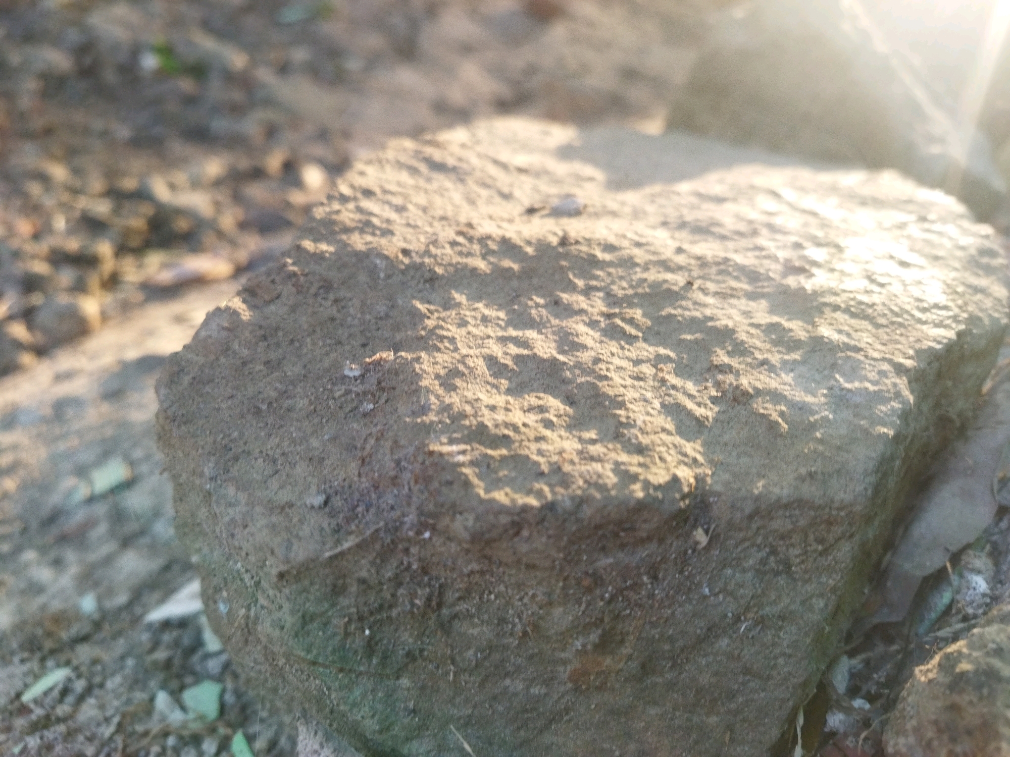 The image shows a close-up of a rough, light brown rock resting on the ground. The rock has an irregular shape and appears to be made of a gritty material. The surrounding ground is covered in dirt, small pebbles, and some dry leaves. Sunlight illuminates the rock from the right, casting shadows and highlighting its textured surface. The background is out of focus, showing more dirt and debris. There are no people or specific landmarks visible that would pinpoint the location to the city of Kesugihan, Indonesia.