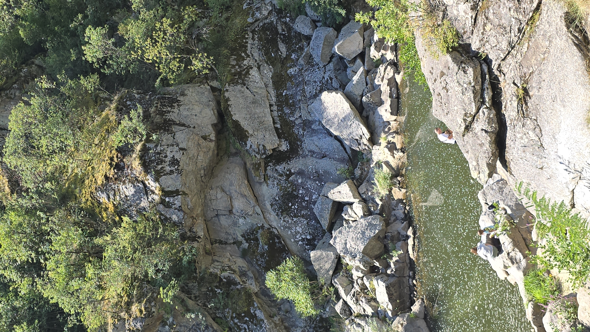 The image captures a serene natural scene with a body of water, likely a river or lake, in the foreground. The water is a vibrant green and reflects the sunlight, creating a dappled effect. On the left side of the water, two individuals are seated on rocks, appearing to be a woman and a child. A small dark object, possibly a bag or a dog, is positioned between them. Further to the right, a man is standing near the water's edge, leaning slightly forward as if observing something or fishing.
The background is dominated by a steep, rocky cliff face covered in lush green vegetation and moss. Large boulders are scattered at the base of the cliff, leading down to the water. The overall environment suggests a natural, undeveloped area. This scene is located in the vicinity of Diadovtsi, Bulgaria, a region known for its natural beauty and rugged landscapes.