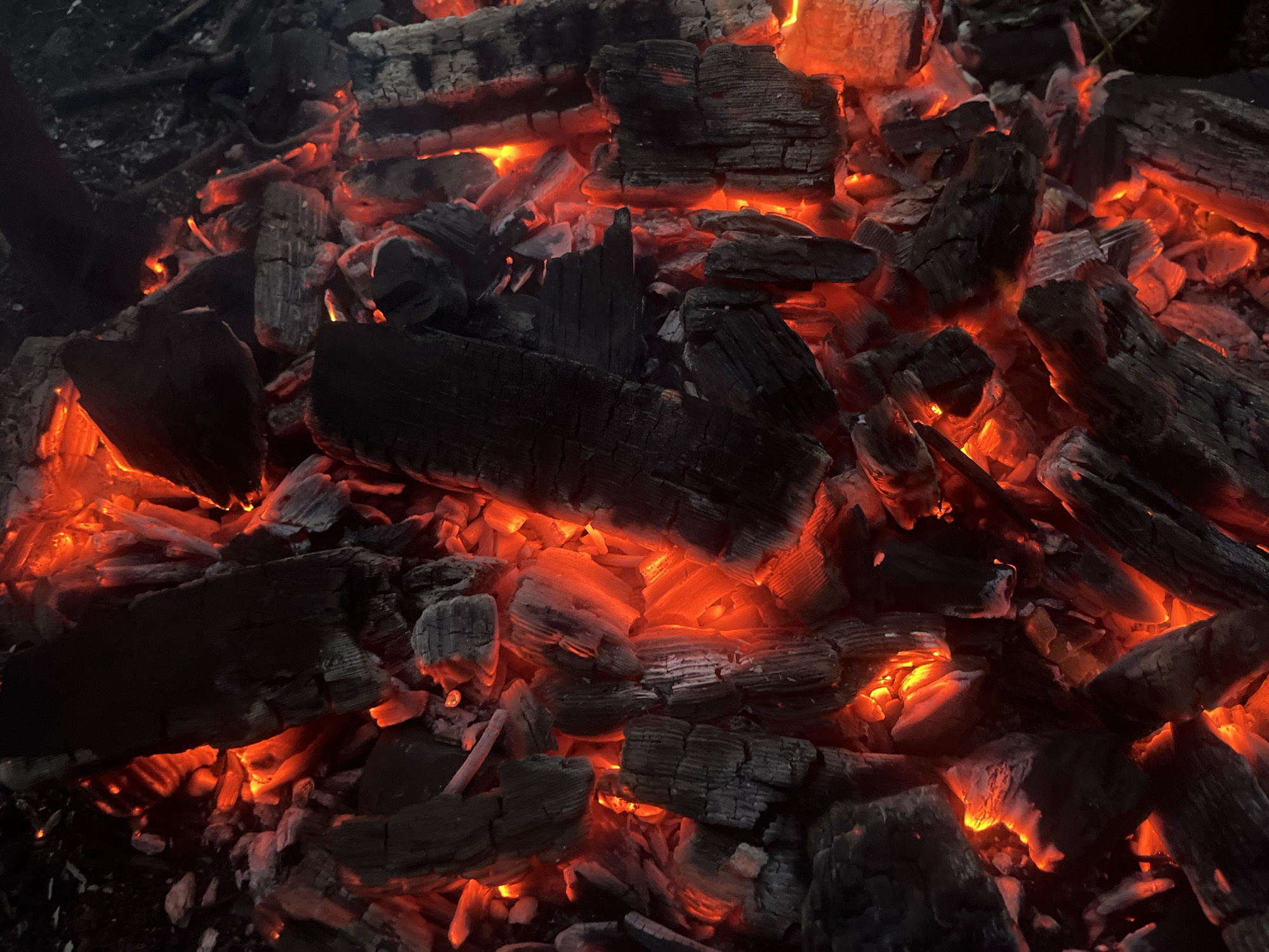 This is a close-up, high-angle shot of glowing embers and charred wood from a fire. The scene is dominated by deep reds and oranges emanating from the hot coals, interspersed with the dark, rough textures of the burnt wood. The lighting is dim, with the embers providing the primary source of illumination, casting a warm glow on the surrounding debris. There are no people or animals visible in the image. The environment appears to be an outdoor setting, likely a campfire or fireplace, with the ground or surface beneath the embers appearing dark and possibly ashy. The focus is entirely on the texture, color, and luminescence of the burning wood.