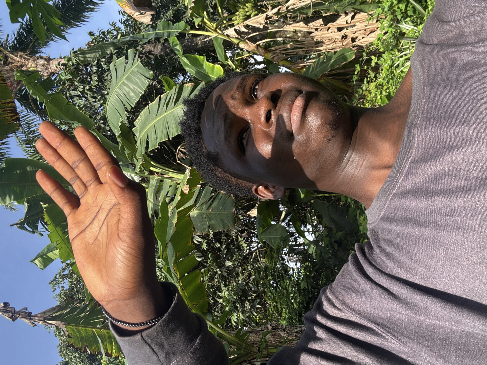 A low-angle, outdoor shot shows a man with dark skin and short, curly black hair. His face is partially shadowed by the sunlight. He is wearing a gray shirt or sweater. His right hand is raised with his palm facing the camera. A silver-colored bracelet is on his wrist. Behind the man are lush green plants and trees, possibly including banana leaves. The sky is visible in the upper left corner, indicating a sunny day. The photograph was likely taken in Eziudo, Nigeria.