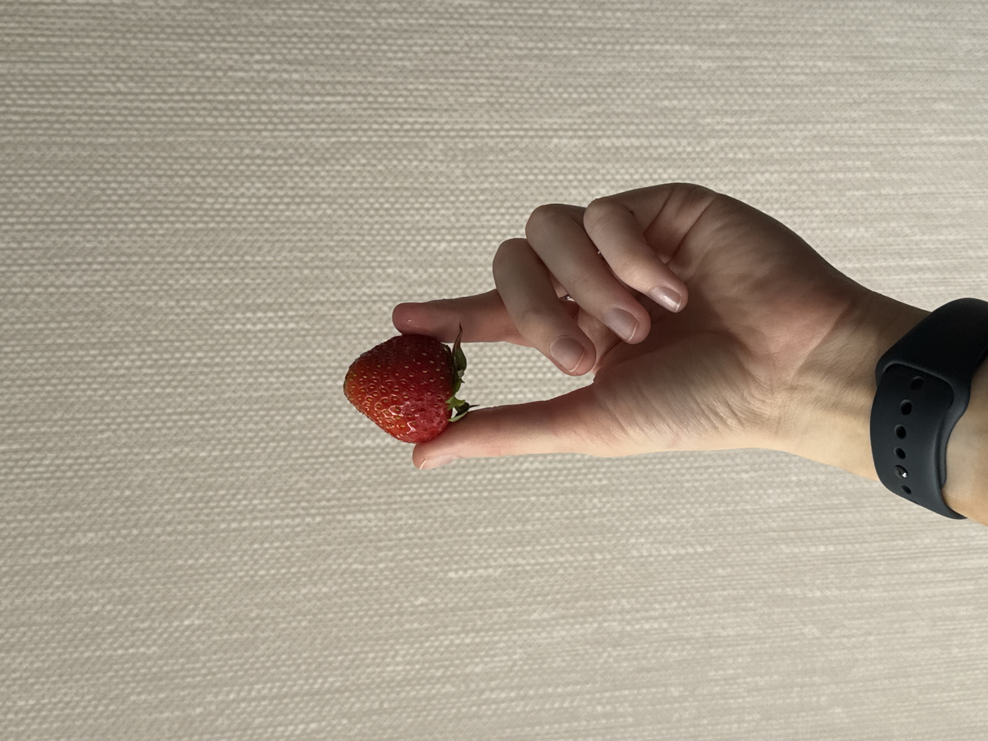 A person's right hand is holding a single ripe strawberry between their thumb and index finger against a textured, neutral-colored background. The strawberry is red with visible seeds and green leaves at its stem. The hand appears to be fair-skinned, and a black smartwatch is visible on the wrist. The background is evenly lit and appears to be a wall or fabric with a subtle weave pattern. No specific location in the city of Perm, Russia can be determined from the image.