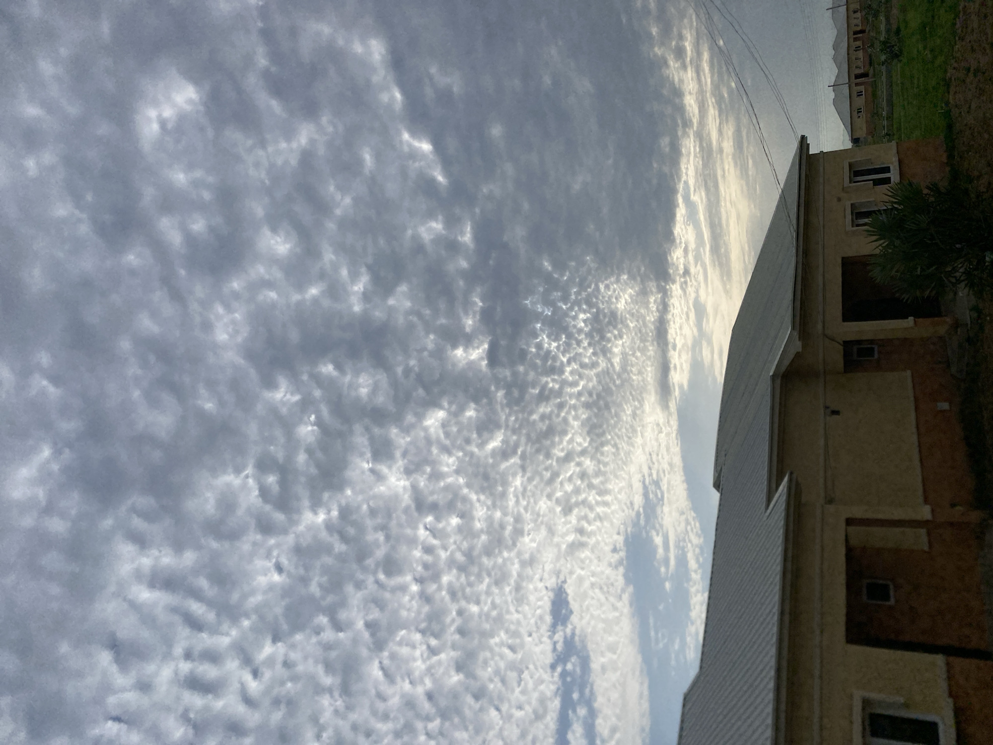 A low-angle, full shot captures a residential area under a dramatic, overcast sky, characteristic of Bulamare, Nigeria. The foreground is dominated by the light brown, stucco facade of two attached houses, featuring silver, corrugated metal roofs. Multiple small, dark-paned windows punctuate the walls, with a darker recessed entryway visible. A dense, dark green shrub partially obscures the right side of the closer house. In the background, a row of similar houses stretches into the distance, their roofs also gleaming silver. Utility wires are visible in the upper right corner, stretching across the frame. The sky is filled with a textured pattern of altocumulus clouds, varying in shades of gray and white, with patches of brighter sky peeking through. The overall impression is of a developing suburban or semi-rural landscape on a cloudy day.