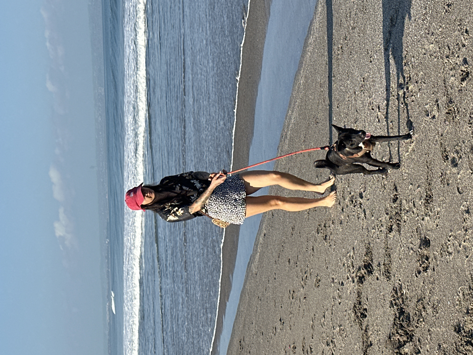 A woman wearing a red baseball cap, a black shirt with a floral pattern, and a white and black patterned skirt walks a black dog on a red leash on a sandy beach in North Kuta, Indonesia. The ocean is to the woman's right, with waves breaking on the shore. The sky is blue with some clouds. The dog is wearing a harness and has its tongue out. The woman is holding the leash in her right hand and her left arm is by her side. The scene is lit by natural sunlight.