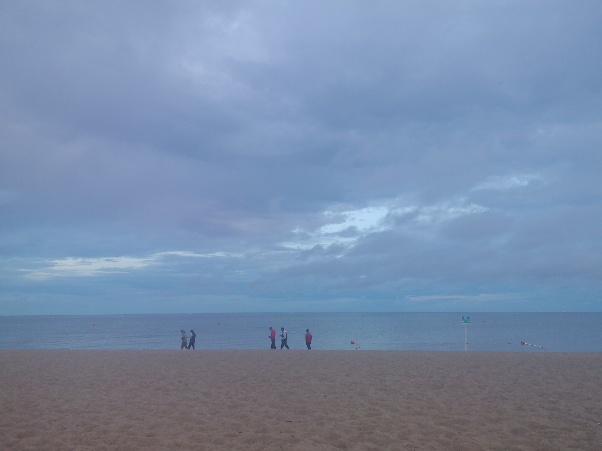 The image depicts a serene beach scene in Zelenogorsk, Russia, under a cloudy sky. The foreground is dominated by a wide expanse of light brown sand. In the mid-ground, a calm, blue sea stretches to the horizon. A line of buoys and a thin rope demarcate a section of the water. On the sandy beach, five individuals are visible walking along the shoreline from left to right. The first two figures appear to be engaged in conversation, with one wearing a light-colored shirt and the other a dark shirt. The next three individuals are walking at a distance from each other. The third and fourth figures are wearing red shirts, and the fifth figure is wearing a red shirt. In the far right of the mid-ground, a white post with a green sign is planted in the sand, and a red buoy is floating in the water. The sky above is filled with a thick layer of grey and blue clouds, indicating an overcast day. The overall atmosphere is tranquil and somewhat subdued due to the cloudy weather.