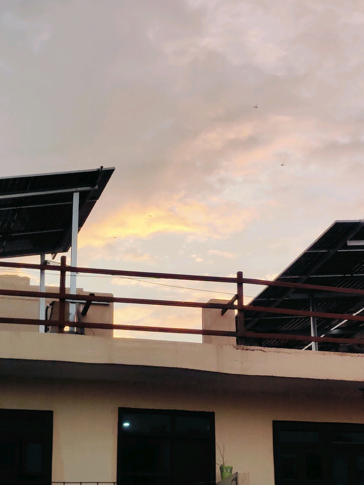 The image shows a rooftop scene in Gurgaon, India, during what appears to be sunset or dawn. The sky is a soft blend of grey and pale orange clouds. Two solar panels are visible, one on the left and one on the right, angled upwards. A beige-colored building with dark-framed windows is situated below the rooftop. A red railing runs along the edge of the rooftop. There are several small, dark specks in the sky, which appear to be birds or insects. The overall atmosphere is calm and serene.