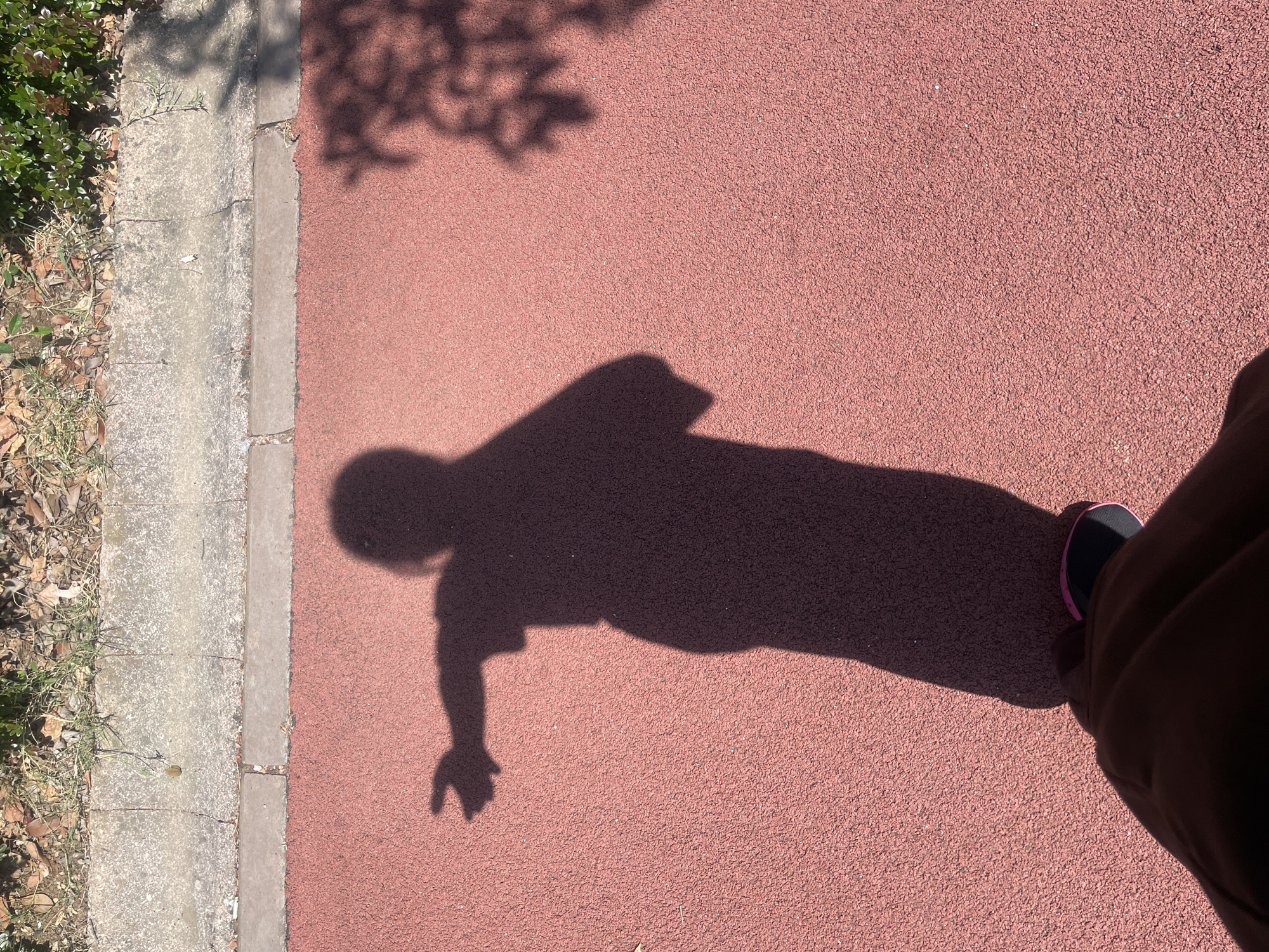 A shadow of a person stands on a red track surface. The shadow's left arm is extended to the left, with the index finger pointing. The person appears to be wearing a t-shirt and pants. The track surface is bordered by a concrete curb and a grassy area with dry leaves and some green foliage. The scene is illuminated by sunlight, casting a distinct shadow of the person and tree branches on the track. The location is in Başakşehir, Turkey.