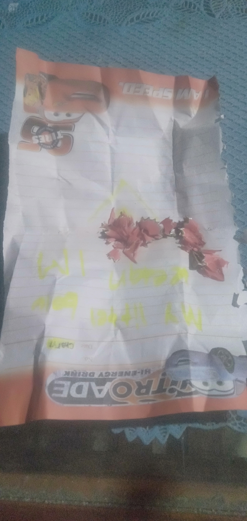 A crumpled piece of notebook paper with drawings and text is laid flat on a blue, textured surface. The paper features a faded print of cartoon cars, including Lightning McQueen from the movie "Cars," at the top. Below the cartoon images, there is handwritten text in yellow marker, the words are illegible. In the center of the paper, there is a small arrangement of dried pink petals, appearing to be from a flower. Towards the bottom of the paper, a portion of a label for "TRITRODE HI-ENERGY DRINK" is visible, also featuring cartoon cars. The background is a blue, woven fabric, possibly a tablecloth or bedspread. The scene is located in Plemahan, Indonesia.