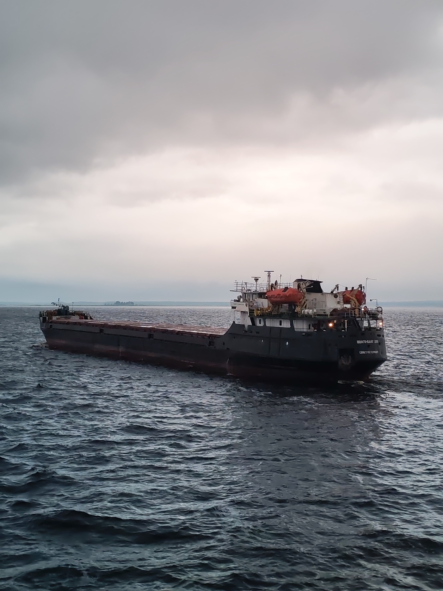 The image shows a large cargo ship moving through water. The ship is dark in color with a visible superstructure at the stern, including lifeboats. The ship's name "ВОЛГО-БАЛТ 229" and the port of registry "САНКТ-ПЕТЕРБУРГ" are visible on the stern. The water is choppy, with small waves visible across the surface. The sky is overcast with heavy clouds. A distant landmass is visible on the horizon behind the ship.
