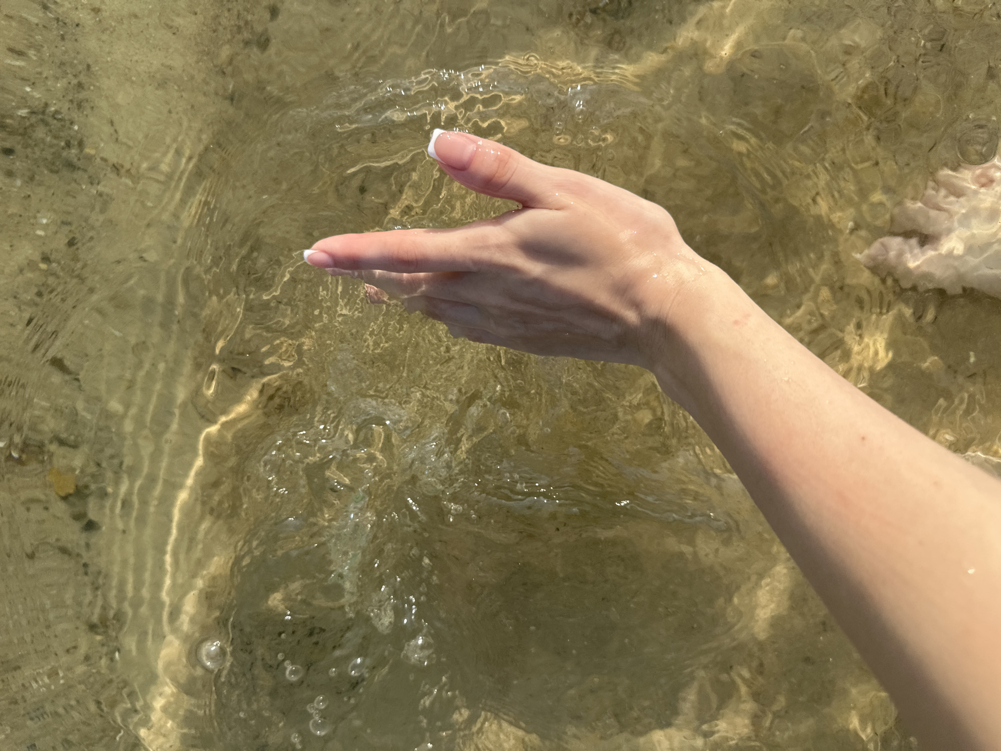 This high-angle, close-up photograph captures a person's hand gently placed in clear, shallow water. The hand, which appears to be female, has light skin and features a French manicure on its neatly shaped nails. It is positioned with fingers extended, reaching towards the upper left of the frame, while the forearm extends out of view towards the lower right.
The water is remarkably transparent, allowing the textured bottom to be clearly visible beneath. The seabed consists of light-colored sand or fine gravel with scattered darker specks, possibly small stones or organic debris. Ripples and gentle waves are present on the water's surface, creating dynamic patterns of light and shadow, and several small air bubbles can be observed.
To the right side of the image, partially submerged and appearing slightly out of focus, is an irregular, light-toned mass. This could be a unique rock formation, coral, or a large shell. The overall color scheme of the water and its bed is warm, featuring shades of beige, light brown, and pale green. The bright and even lighting suggests it is daytime, likely sunny, enhancing the clarity of the water and the details of the submerged elements. The scene conveys a sense of calm and interaction with a natural, pristine body of water, possibly a tranquil beach, lake, or stream. No text is visible in the image.