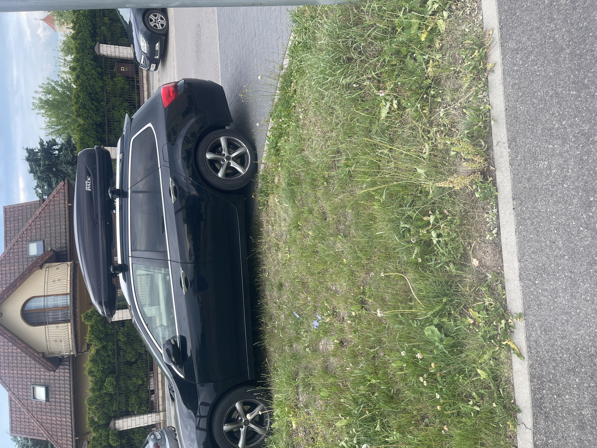 The image depicts a black station wagon with a black roof box parked on a street in Konstantynów Łódzki, Poland. The car is parked alongside a paved road and a grassy area with weeds and some small blue flowers. In the background, a residential building with a red-tiled roof and a balcony is visible, along with a fence and a row of green hedges. Another dark-colored car is parked further down the street. The sky is overcast.