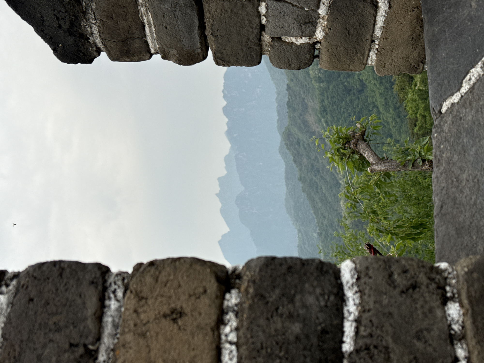 The image depicts a view through a gap in the Great Wall of China, located in the Huairou District. The foreground shows rough, gray brickwork of the wall, partially framing a landscape of hazy green mountains under an overcast sky. A tree branch with green leaves extends from the right side into the opening. A small bird is flying in the sky.
