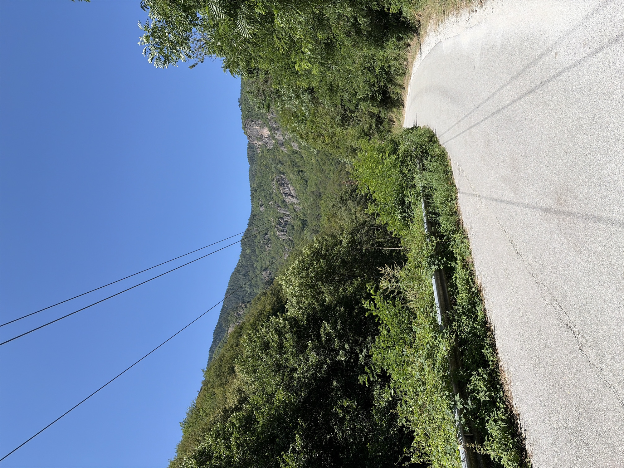An asphalt road curves through a lush, mountainous landscape under a clear blue sky. The road is bordered by dense green foliage on the left and right, with a metal guardrail visible along the left edge. In the distance, a rocky mountain face rises above the trees, indicating a natural and possibly remote setting. Several dark power lines are strung across the sky, extending diagonally from the upper left to the lower right of the frame. The scene is devoid of any people or vehicles, suggesting a quiet and uninhabited environment. The overall impression is one of natural beauty and tranquility, likely in a mountainous region near Devin, Bulgaria, given the typical scenery of the Rhodope Mountains.