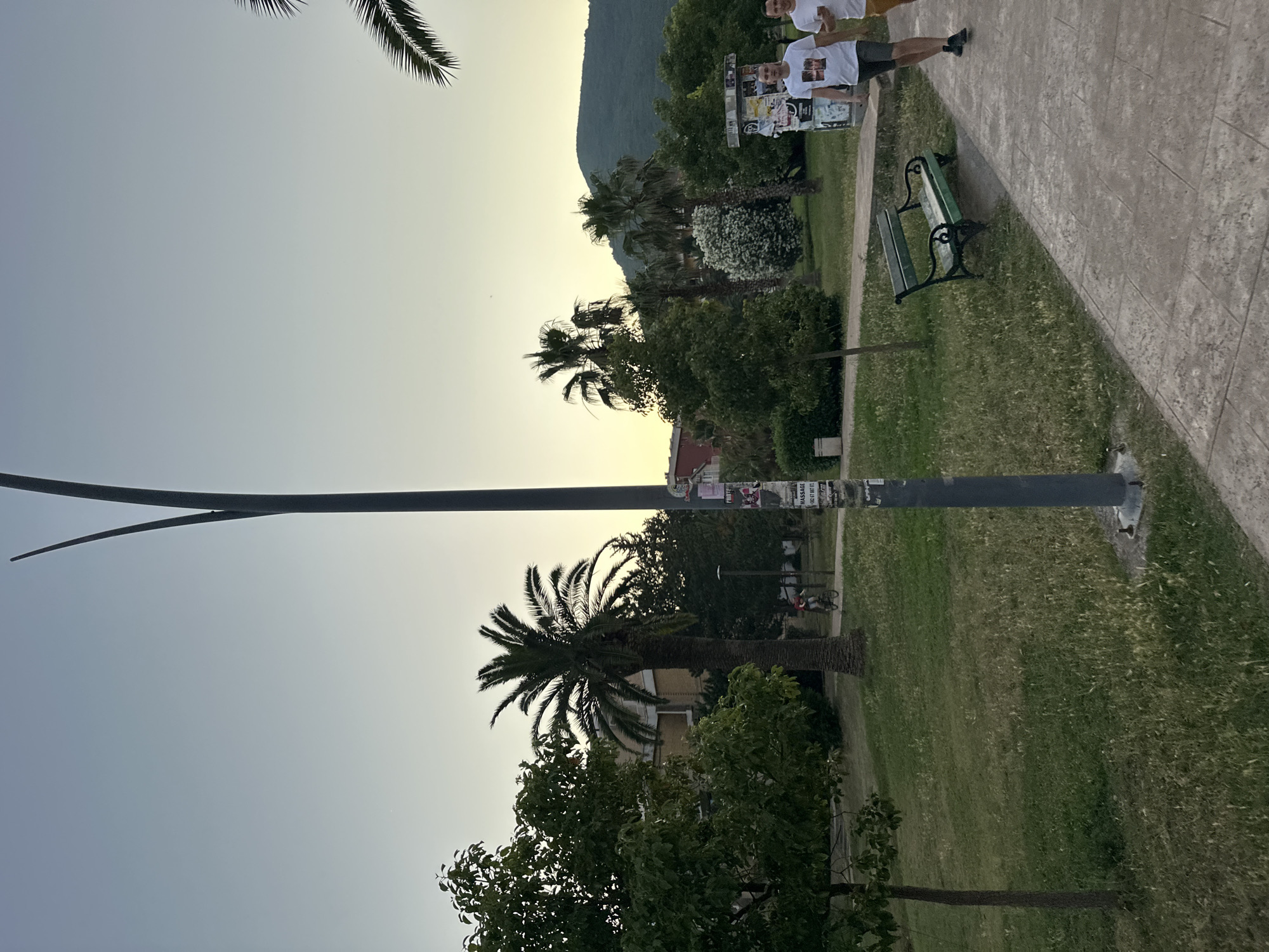 The image captures an outdoor scene in Budva, Montenegro, likely during the late afternoon or early evening. A paved walkway runs diagonally across the lower right of the frame, bordered by a grassy area. Several palm trees and other lush green trees are scattered throughout the park-like setting. In the background, a light-colored building with multiple windows is visible behind a tall palm tree. A mountain range forms the backdrop on the right side of the image.
In the foreground, a dark grey lamppost stands prominently, adorned with several stickers. Two men are walking on the pathway in the lower right section of the image. The man on the left wears a white t-shirt with a graphic print and dark shorts. The man on the right wears a white t-shirt and yellow shorts. A green park bench is situated on the grass to the left of the walkway, facing the path. Further back on the path, a person on a bicycle is visible, heading away from the camera. The sky is a soft gradient of light blue and pale yellow, indicating either dawn or dusk.