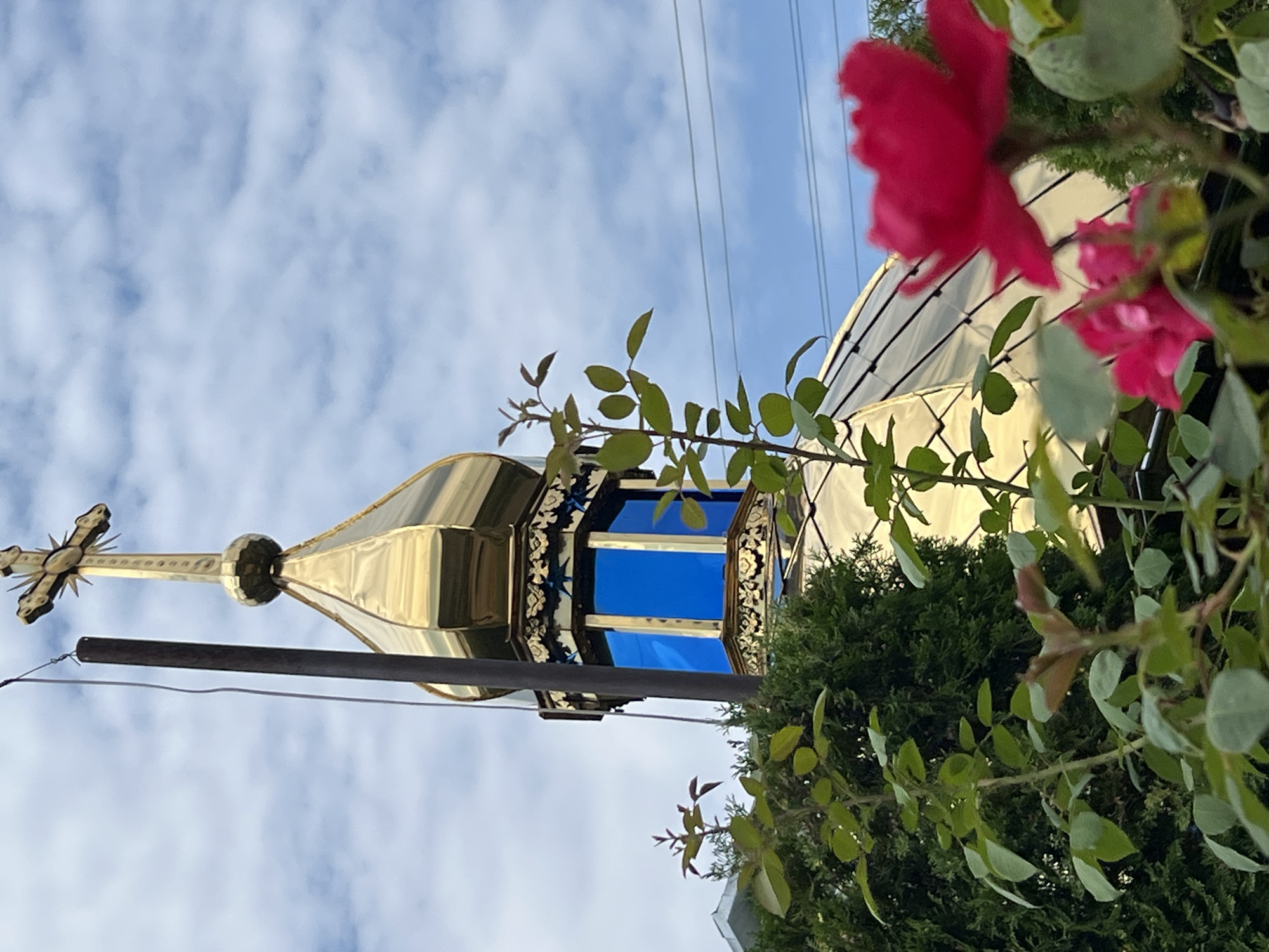 This image shows a close-up of a golden dome and cross of an Orthodox church in Yaremche, Ukraine, seen through the foliage of plants, including green bushes and bright red roses in the foreground. The dome has decorative elements and blue windows. The sky is partially cloudy. The scene is framed by greenery, with the church dome and cross rising above it. The overall impression is a blend of religious architecture and natural elements.