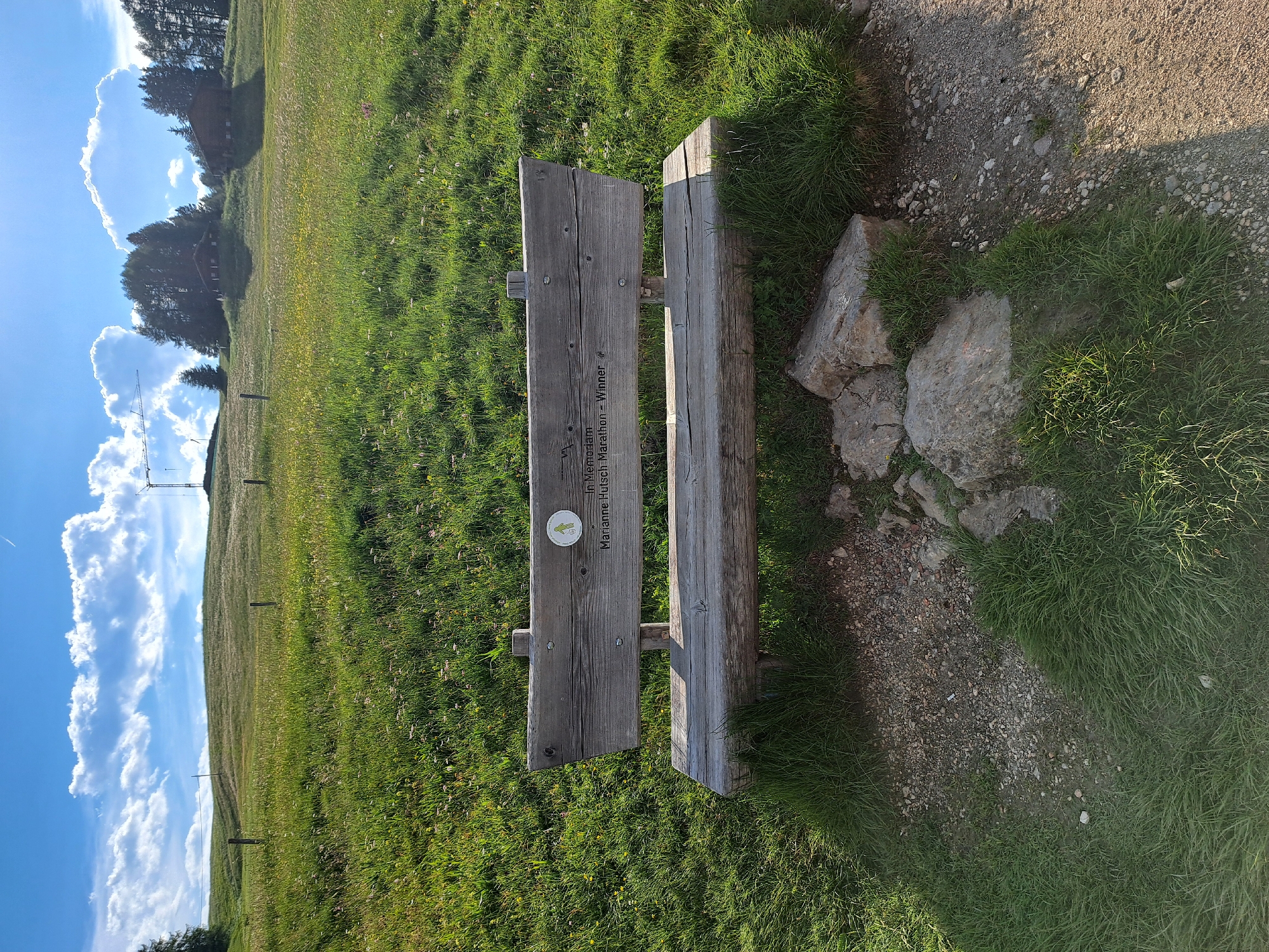 This media file is a photograph taken outdoors on a sunny day, likely in the late morning or early afternoon, given the angle of the shadows. The scene is a grassy, rolling hillside with a wooden bench positioned near a dirt path. The bench appears weathered and is made of two large logs for seating and support.
On the left side of the bench, there is a small, circular sticker with a green and white symbol. There is also some text engraved on the wooden surface of the bench. Although slightly blurry, the text appears to read "In Memoriam Marianne Hütsch – Winner".
The surrounding environment suggests a natural, perhaps rural or mountainous, setting. The hillside is covered in lush green grass dotted with small wildflowers. In the background, several trees and some buildings can be seen, indicating a small settlement or a farm. A tall communication tower or pylon is also visible in the distance, against a bright blue sky filled with fluffy white clouds. The overall mood of the image is peaceful and serene, evoking a sense of being outdoors and enjoying nature. The sunlight creates distinct shadows, highlighting the textures of the grass, path, and bench.
