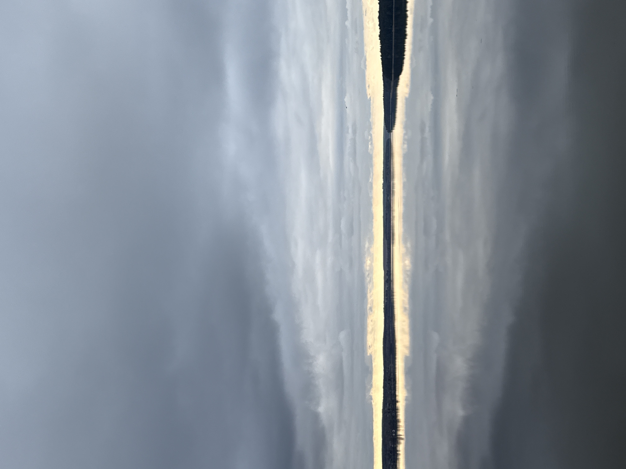 This media file presents a tranquil landscape scene, likely depicting the Votkinsk Reservoir in Votkinsk, Russia. The image is composed of a sky, a distant shoreline, and a calm body of water, with the original orientation appearing vertical, suggesting it was taken with the camera rotated.
Mentally rotating the image to a horizontal view reveals a vast expanse of water reflecting the sky. The upper section displays an overcast sky with soft, light grey and white clouds, some appearing denser and darker towards the left. A narrow, dark strip of land or a distant tree line stretches horizontally across the middle of the frame, marking the horizon. This landmass is silhouetted against a prominent horizontal band of bright light, which strongly suggests either sunrise or sunset.
The lower portion of the image is dominated by the still, reflective surface of the water, which perfectly mirrors the cloudy sky and the intense light band from the horizon. The near-symmetrical reflection contributes to a sense of serenity and expansiveness. The soft, diffused light and the undisturbed water create a peaceful and contemplative atmosphere. There are no visible people, structures, or any specific activity taking place, emphasizing the natural beauty of the scene. No text is visible in the image.