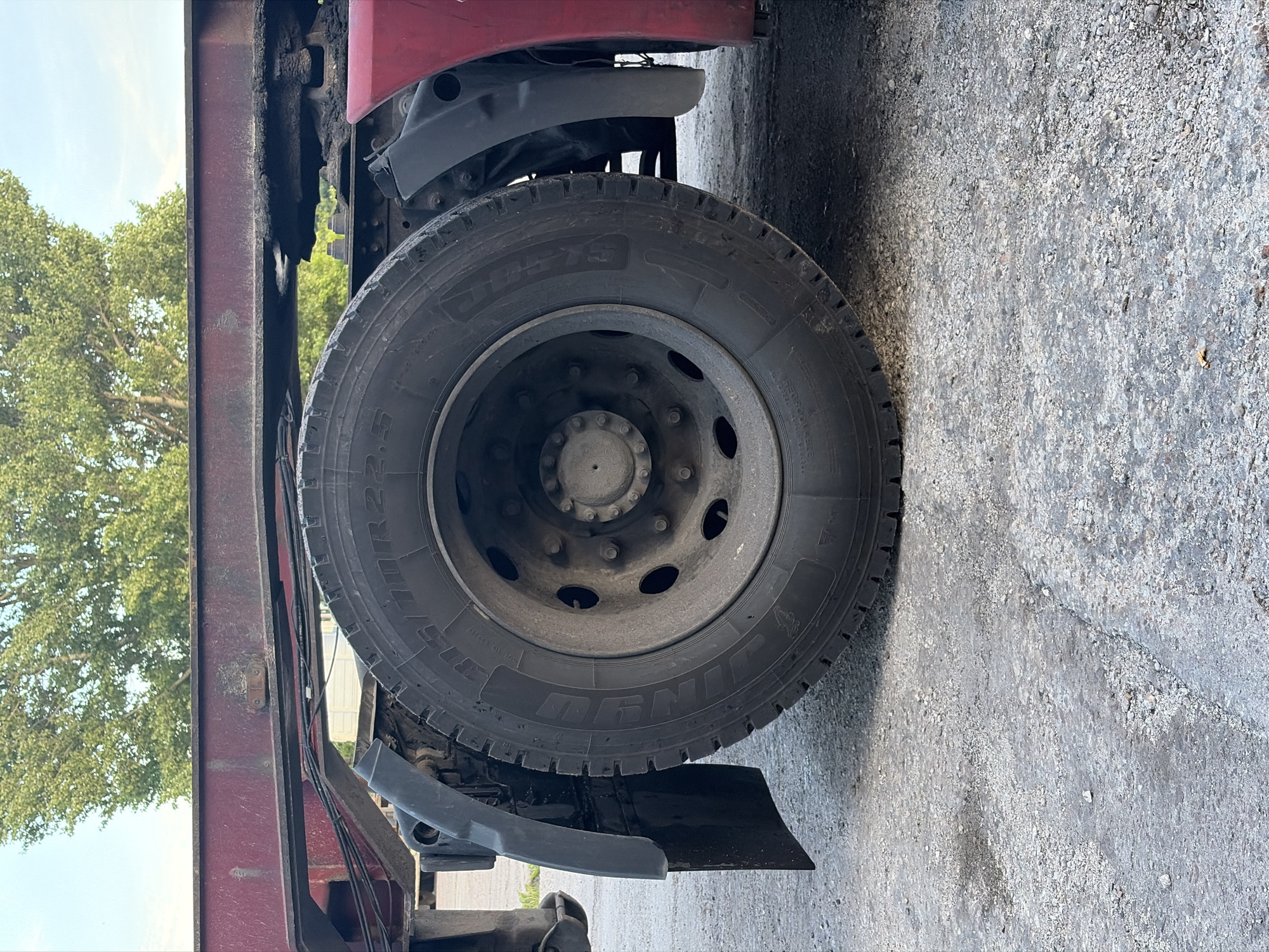 The image shows a close-up of the rear wheel of a red semi-trailer truck. The truck is parked on an asphalt surface, which appears to be a roadway or a parking lot. The tire is a large, rugged tread tire, typical of heavy-duty vehicles. The wheel has multiple lug nuts and a central hub. A black mud flap is visible behind the wheel. In the background, a large green tree with a blue sky can be seen. The truck's frame, painted a dark red, is visible above the wheel. The overall scene suggests an outdoor setting, possibly a commercial vehicle depot or a roadside location. There are no people visible in the image, and no specific actions are being depicted. The image is static and focuses on the detail of the truck's wheel and its immediate surroundings. The location is not specified as Baltiysk, Russia.