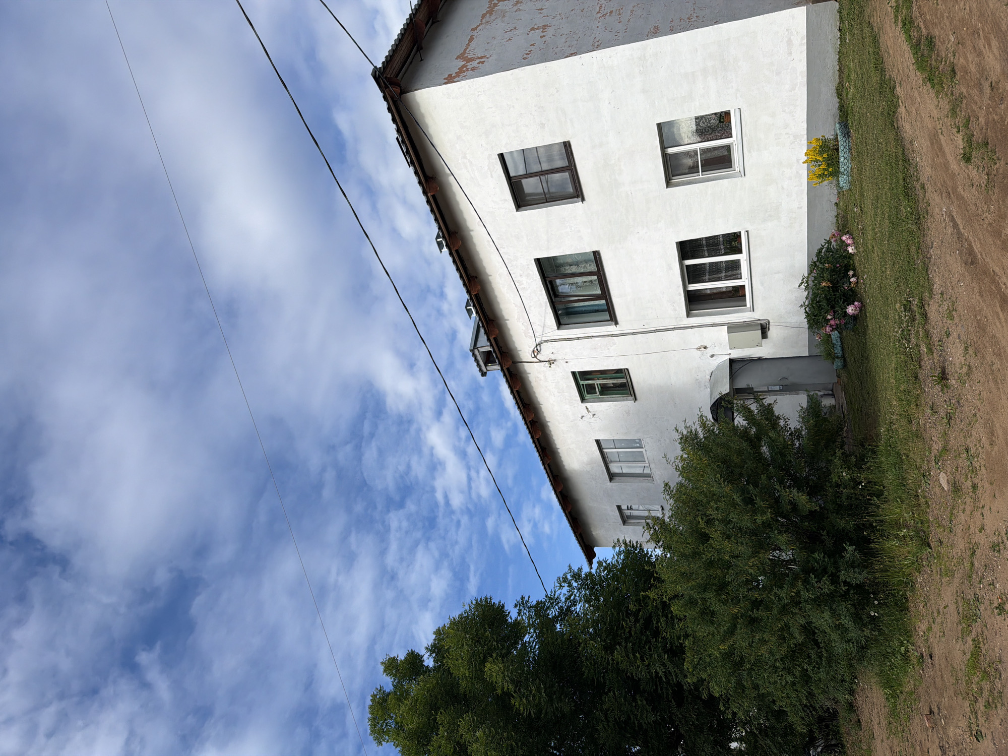 This is a rotated, eye-level, medium shot of a white apartment building with a slightly worn facade and a dark shingled roof, set against a bright blue sky with scattered white clouds. A few utility wires run diagonally across the sky and the building. The building has several windows with dark frames. On the right side of the building, a small patch of green grass is visible, with a flower bed containing yellow flowers and another with pink roses. A dirt path runs alongside the grass. To the left of the building, a large, dense green tree fills the lower left portion of the frame. The image appears to have been taken outdoors during daylight, possibly in the late afternoon given the direction of the shadows. There is no visible text in the image.