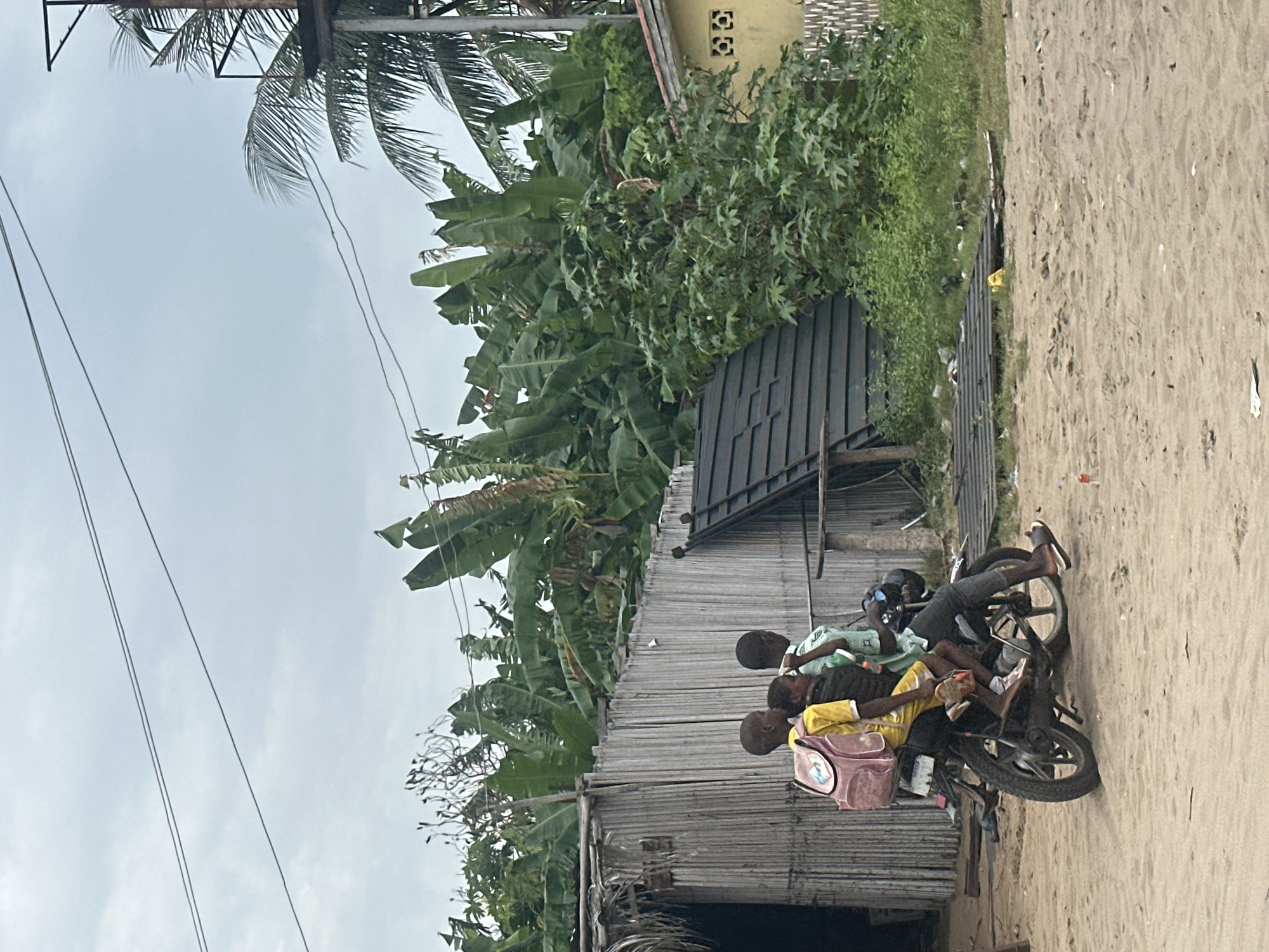 This outdoor image, taken in Badagry, Nigeria, is rotated on its side, showing a scene of local life. The main subjects are at least four individuals, likely children or young adults, crowded onto a single dark-colored motorcycle. One person in a green or light blue shirt appears to be in the driver's position, with another in a black top directly behind, and a third in a yellow shirt with a pink backpack on their lap. A fourth person is partially visible behind them. They are riding on a sandy path or dirt road that occupies the foreground and right side of the image, where some litter is scattered.
On the left side, behind the motorcycle, there are rustic wooden plank structures, possibly part of houses or sheds. Dense tropical vegetation, including large banana tree leaves and other green foliage, forms a lush backdrop behind these structures. In the upper background, a light-colored building with a patterned yellow ventilation block can be seen, partially obscured by greenery. The sky is overcast and grey, suggesting a cloudy day, perhaps late morning or afternoon, without direct sunlight. Power lines run across the upper portion of the frame. There is no visible text in the image. The scene depicts a common mode of transport and the natural, somewhat rural, environment of the region.