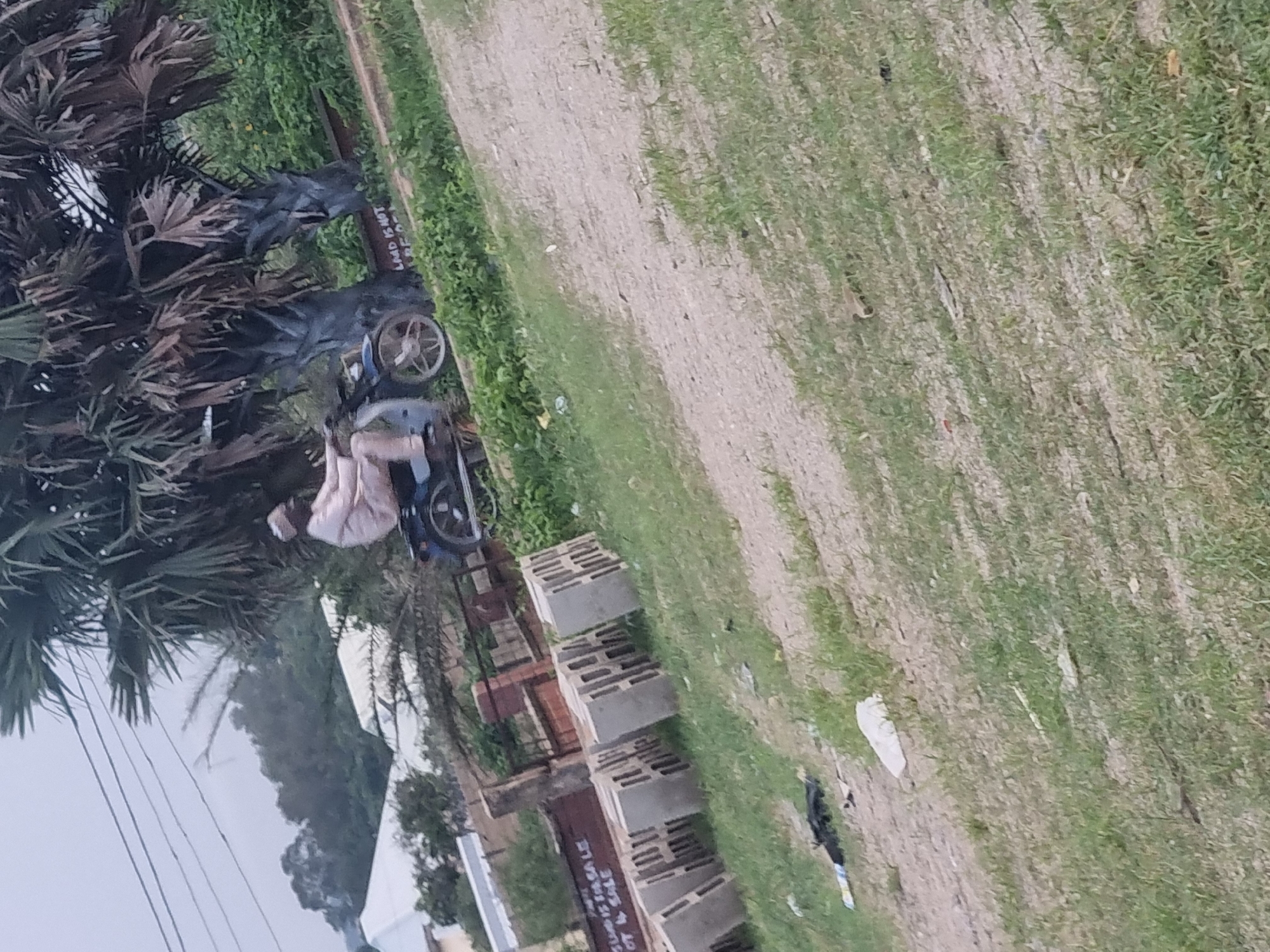 The image depicts a scene on the outskirts of Jos, Nigeria. A man, dressed in a light-colored traditional garment and a cap, is riding a motorcycle. He is positioned in the center-right of the frame, moving towards the left. The motorcycle is dark-colored with a prominent front wheel. Behind the man, a large palm tree with dry fronds dominates the background. To the right of the palm tree, a brick wall with writing on it is visible, partially obscured by greenery. The writing on the wall appears to say "LAND IS NOT FOR SALE". In the foreground, several concrete blocks are stacked on the grassy ground. The overall environment suggests a semi-urban or rural area with a dirt path or road in the foreground. The sky is overcast, contributing to a muted color palette.