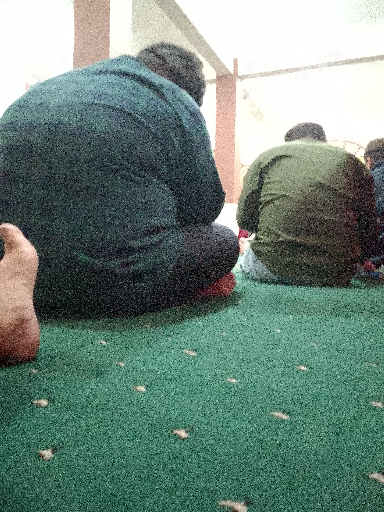 The image shows the backs of at least three individuals sitting on a green carpet. The person in the foreground is wearing a dark green garment and appears to be a larger individual. To their right, another person is wearing a lighter olive green garment. A third individual, wearing a dark blue garment, is partially visible to the right of the person in the olive green. The carpet has a patterned design of small, light-colored flecks. The environment appears to be indoors, with pale walls and vertical structures that could be pillars or partitions. The lighting is somewhat dim, with a bright area in the background. The perspective is low, suggesting the photo was taken from a seated or crouching position. The location is described as the city of Kertajaya, Indonesia.
