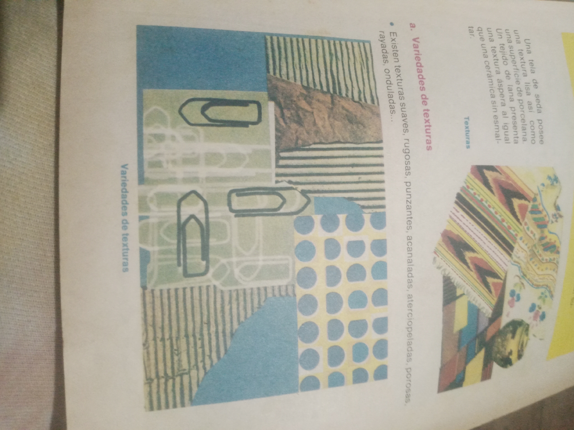 The image displays a page from a book or magazine that is focused on the topic of textures. The page is divided into two main sections. The left section features a collage of different visual textures, including stripes, dots, paper clips, and abstract shapes. The text on this section, written in Spanish, appears to be discussing various types of textures such as "suaves, rugosas, punzantes, acanaladas, aterciopeladas, porosas" (smooth, rough, pointed, channeled, velvety, porous). The right section shows a close-up of a brightly colored textile with a geometric pattern, possibly a woven rug or tapestry. Below the textile image, there is more text in Spanish, describing different textures found in materials like silk, porcelain, and rough, unglazed ceramic. There is no information in the image that relates to the city of Santa Ana, Venezuela, or any specific geographic location. The image is a flat, two-dimensional representation of printed material, and there are no people or active subjects depicted. The overall impression is an educational or illustrative page about the tactile qualities of materials.