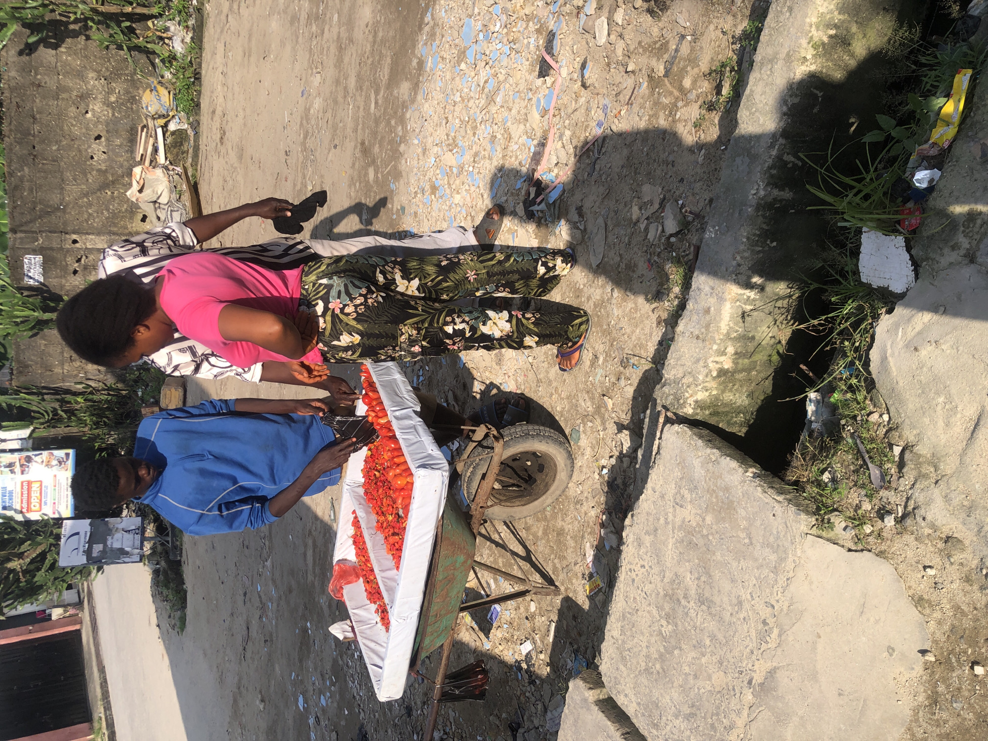 A Nigerian man in a blue shirt and dark pants is standing next to a wheelbarrow filled with red peppers. A Nigerian woman in a pink shirt and floral pants is standing to his right, reaching into the peppers. A third person, mostly obscured, is behind the woman. The wheelbarrow is on a dirt path with scattered debris. In the background, there is a concrete wall and some green foliage. The scene appears to be in a street market area in Ado, Nigeria.