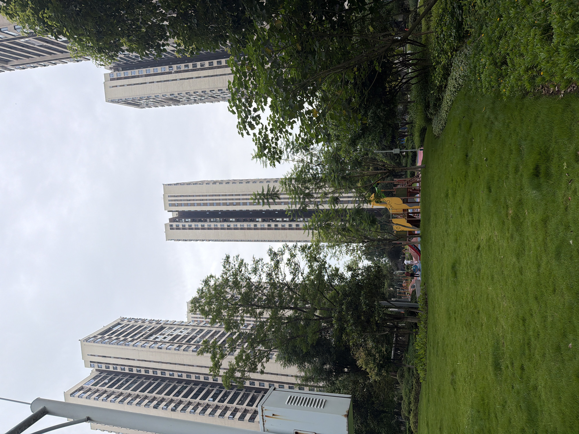 The image captures a residential area in Chongqing High-tech Zone, China, featuring modern high-rise apartment buildings. The foreground is dominated by a lush green lawn, with a curved pathway of green bushes bordering its right side. In the middle ground, trees with dense foliage are interspersed with the buildings, and a colorful children's playground with slides and climbing structures is visible. A few adults and children are present near the playground, suggesting a recreational use of the area. The sky is overcast, casting a soft, diffused light on the scene. The overall impression is of a well-maintained urban living space with integrated green areas and amenities.