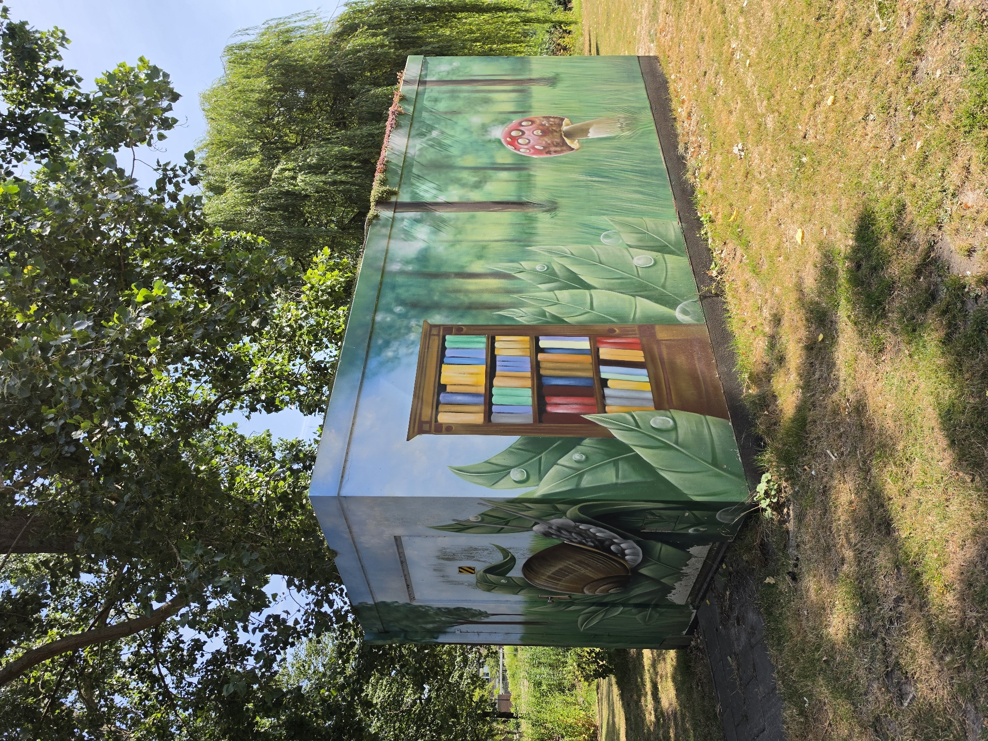 This is an outdoor, ground-level, eye-level, medium shot photograph of a rectangular utility box painted with a mural. The box is located in a grassy area with mature trees and a blue sky overhead. The mural on the box depicts a whimsical forest scene. The left side of the box features a large snail with a brown shell and grey body, positioned among oversized green leaves with dew drops. To the right of the snail is a painted bookshelf filled with colorful books. The right side of the box continues the forest scene with more green grass, trees, and a red-and-white spotted mushroom. The top edge of the box has some small plants growing on it. The ground around the box is covered in grass and some fallen leaves. The overall impression is one of a playful and artistic urban installation in a park-like setting. This utility box is located at the park located at the end of the Herenstraat in Rijswijk, Netherlands, specifically in the general vicinity of the "Speelbos 2.0" playground and near the water.
