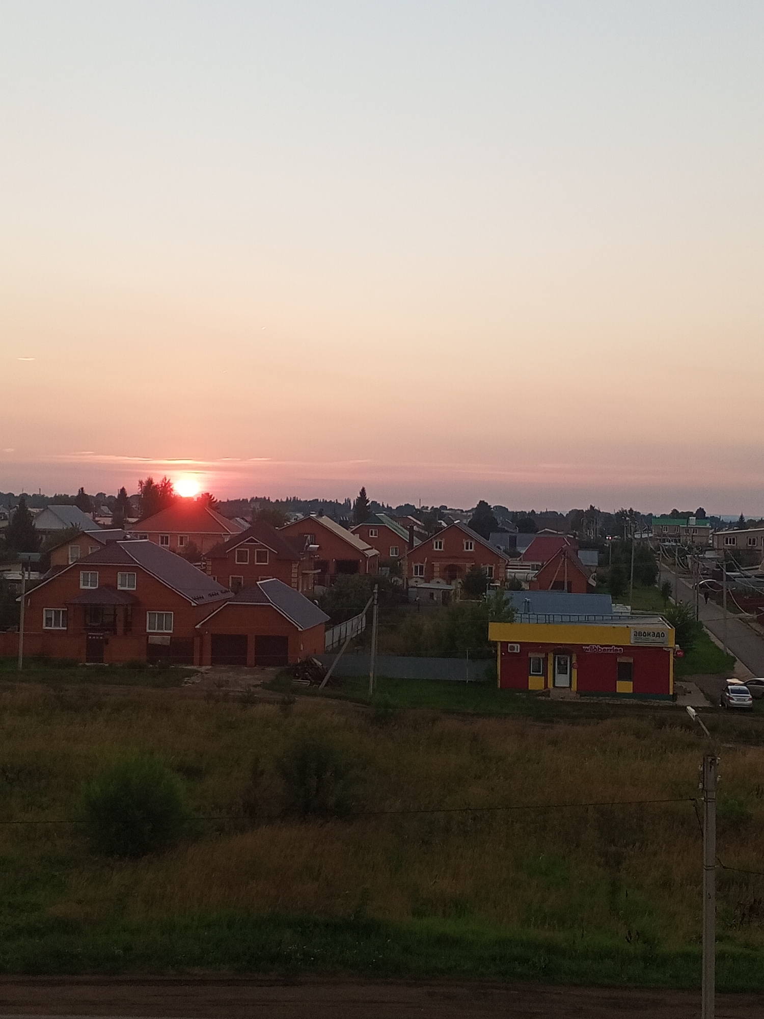 The image captures a sunset over a suburban landscape. The sky is a gradient of soft pinks and oranges, transitioning to a pale blue at the top. In the mid-ground, several red-brick houses with dark roofs are visible, arranged in a neighborhood. Some houses have multiple stories and garages. In the foreground, a grassy field with patches of dry and green grass stretches across the bottom of the frame. A small, brightly colored building with a red and yellow facade stands out in the middle ground, featuring a sign with Russian text. A street with parked cars is visible to the right of this building. The overall scene suggests a peaceful evening in a residential area.