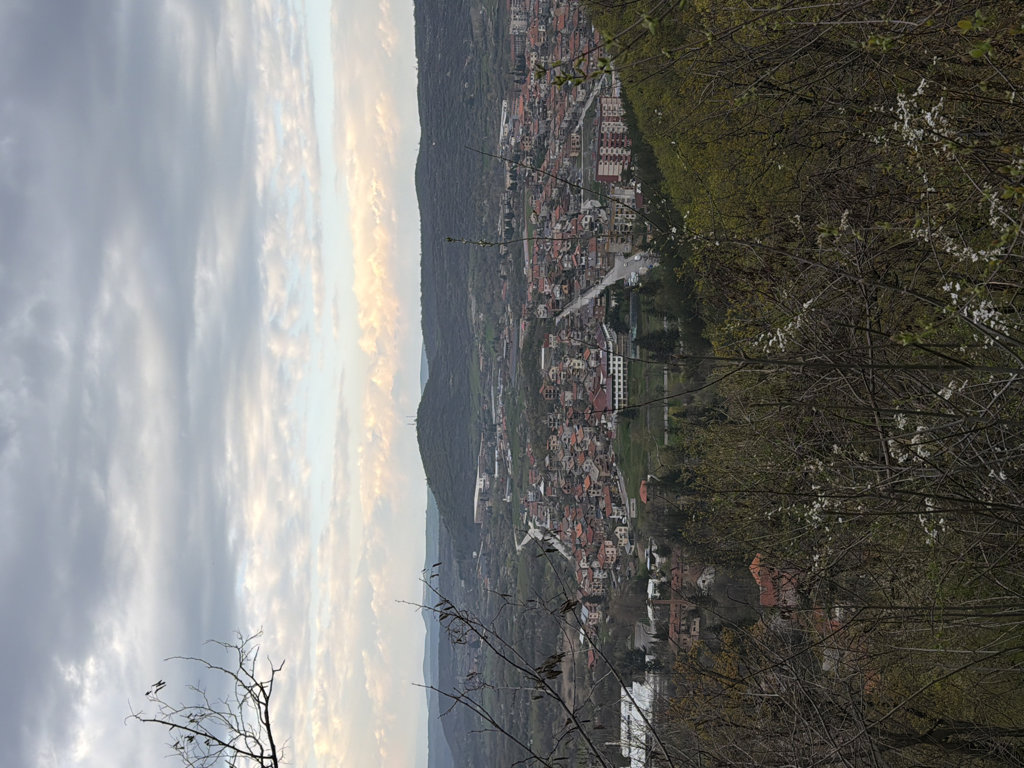 A landscape view from an elevated position captures the city of Bratsigovo, Bulgaria, set against a backdrop of a partly cloudy sky tinged with warm tones. The scene is dominated by a dense, tree-covered hillside to the right and in the foreground, framing a broader view of the town and surrounding landscape. The cityscape is compact, with tightly packed buildings featuring red roofs, which stand in contrast to the greenery. A main road cuts through the town. The sky is a mix of light and dark clouds.