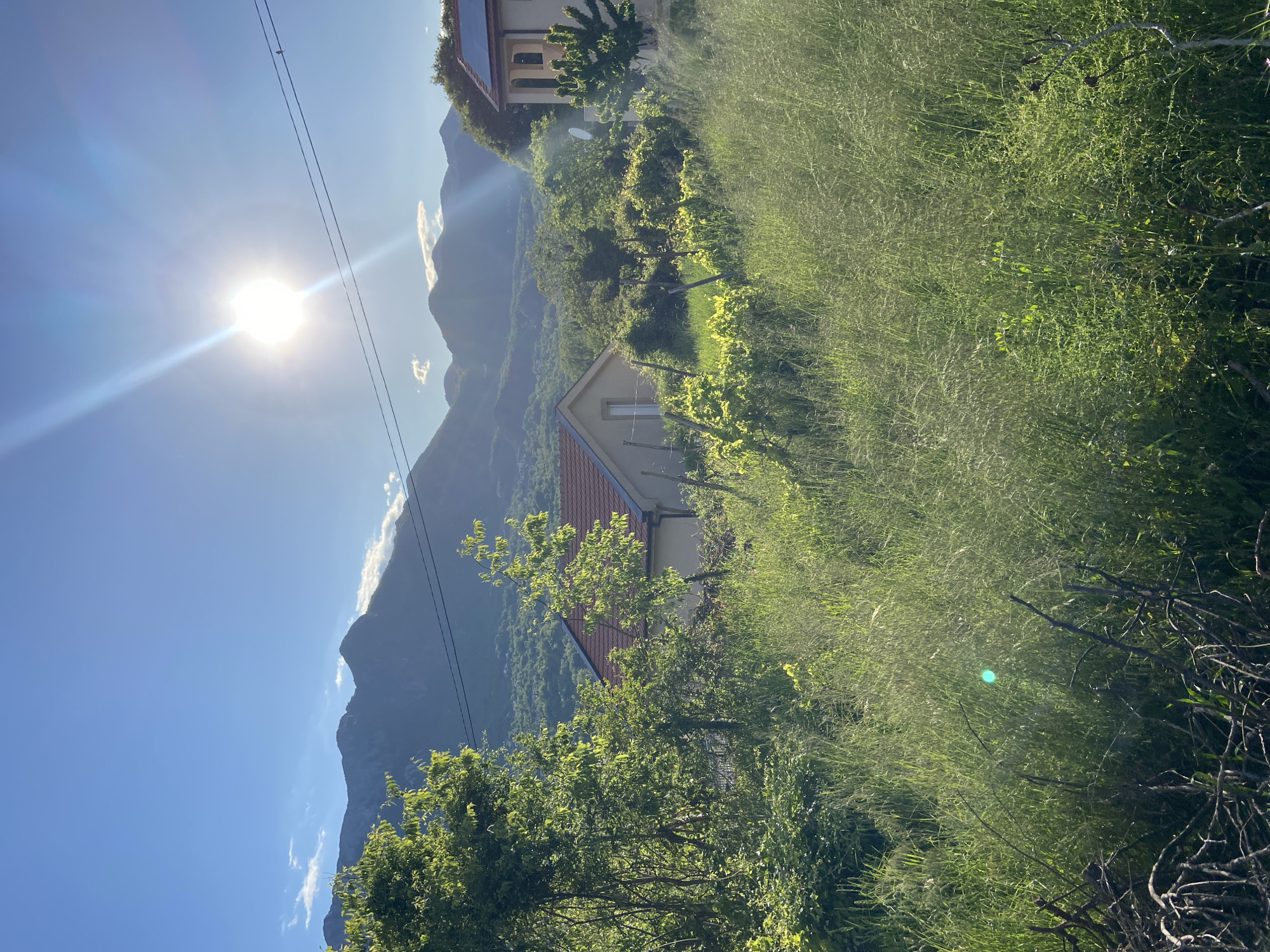 A landscape photograph taken near Sotonići, Montenegro shows a view of mountains and houses on a sunny day. The sun is visible in the upper left of the frame, with power lines running across the sky. Below the mountains, several houses are visible, partially obscured by trees and tall grass. A lower-level house with a red roof is in the middle ground, surrounded by green foliage. The foreground contains more tall grass and branches.