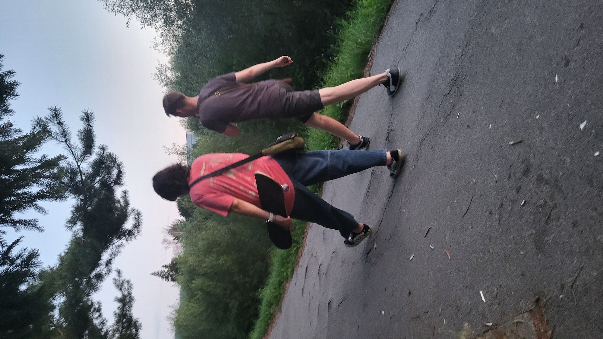 Two individuals are walking away from the camera on a paved asphalt path. The person on the left, wearing a pink t-shirt and blue jeans, is carrying a black skateboard under their arm. They have dark, shoulder-length hair and are wearing black and white checkered sneakers. A messenger bag with a tan strap is slung across their body. The person on the right is wearing a dark t-shirt and dark shorts, with black and white sneakers. A tan strap, likely from a bag, is visible across their back.
The path is flanked by green foliage and trees, suggesting a natural or park-like setting. The sky above is a pale blue, indicating it is either early morning or late evening. The overall scene appears to be outdoors, on a slightly inclined path. Based on the architecture and vegetation, the location could be the area around the Sigort Industrial Park in Prešov, Slovakia, or a similar suburban or parkland area within the city.