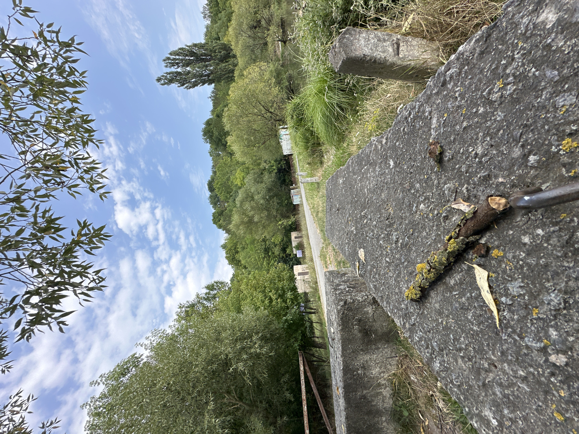 In Makiv, Ukraine, this low-angle outdoor shot captures a concrete structure in the foreground, possibly part of a bridge or embankment, covered with a broken branch and a fallen leaf. Beyond it, a paved path leads into a lush green landscape with dense trees and a body of water. The sky above is blue with scattered white clouds, and branches from an overhanging tree frame the top of the image. In the mid-ground, several small, windowless concrete structures are visible near the path, and a rusty metal barrier is present on the left. The overall scene suggests a natural, possibly rural or park-like setting within the city.
