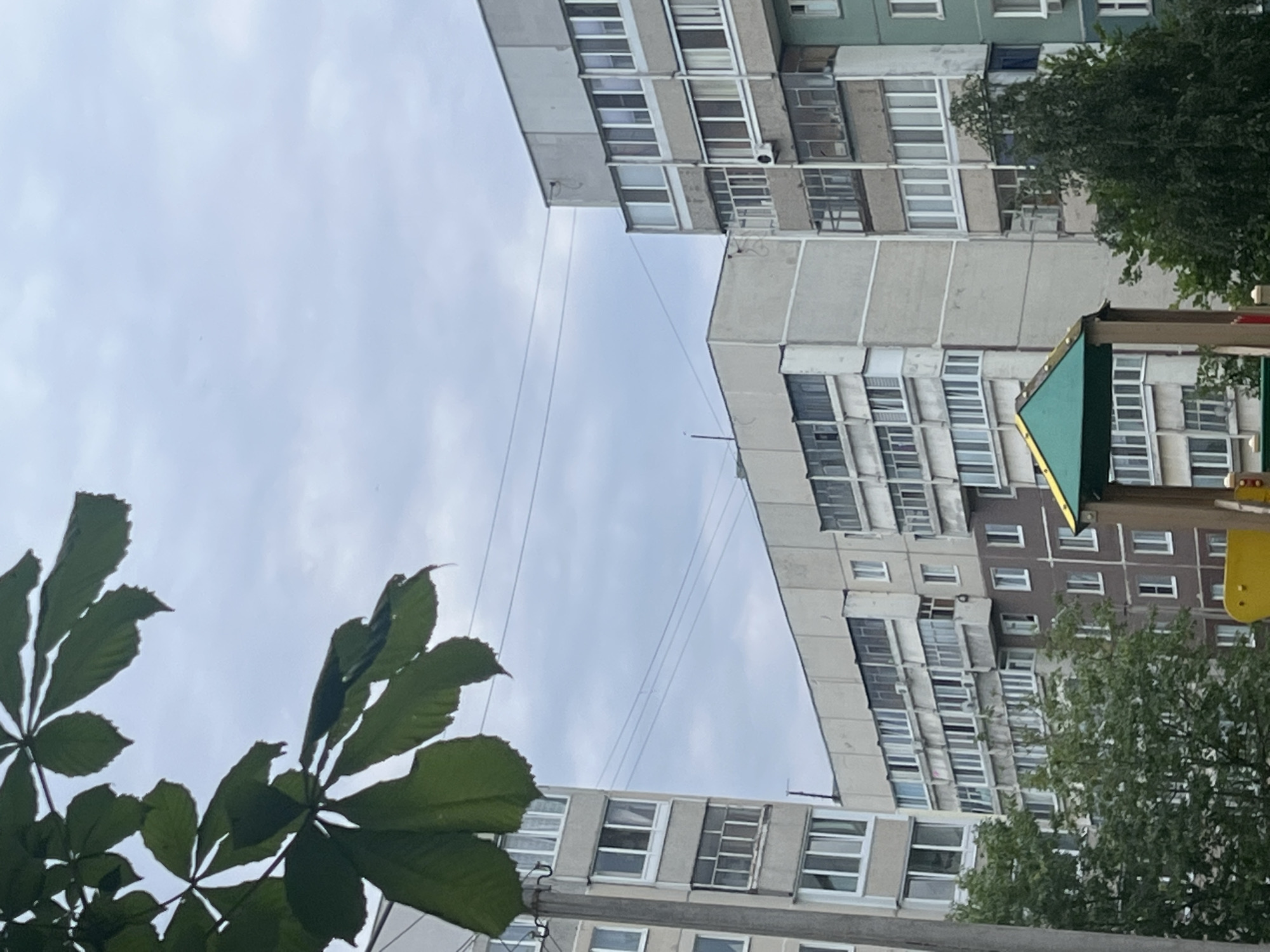 A daytime, eye-level outdoor shot captures a view of residential buildings in Ulyanovsk, Russia. The buildings, typical of Soviet-era architecture, are constructed from concrete and feature numerous windows and balconies. Trees are visible in the foreground and middle ground, with a playground structure partially obscuring the lower portion of the scene. Overhead, power lines crisscross the sky, which is filled with overcast clouds. A few large green leaves hang from the top left of the frame, suggesting the presence of a tree close to the camera.