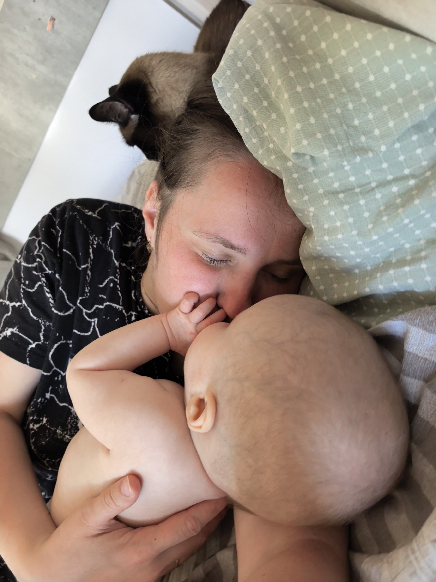 A woman lies in bed with a baby, a cat on her head, inside a building in Фролы, Russia. The woman is wearing a black and white patterned shirt, and her eyes are closed. She is holding the baby. The baby is bare-chested and has its hand near its mouth. A cat is perched on the woman's head. The bed has a green and white patterned pillow and a grey and white striped sheet. A white wall is visible behind the woman.