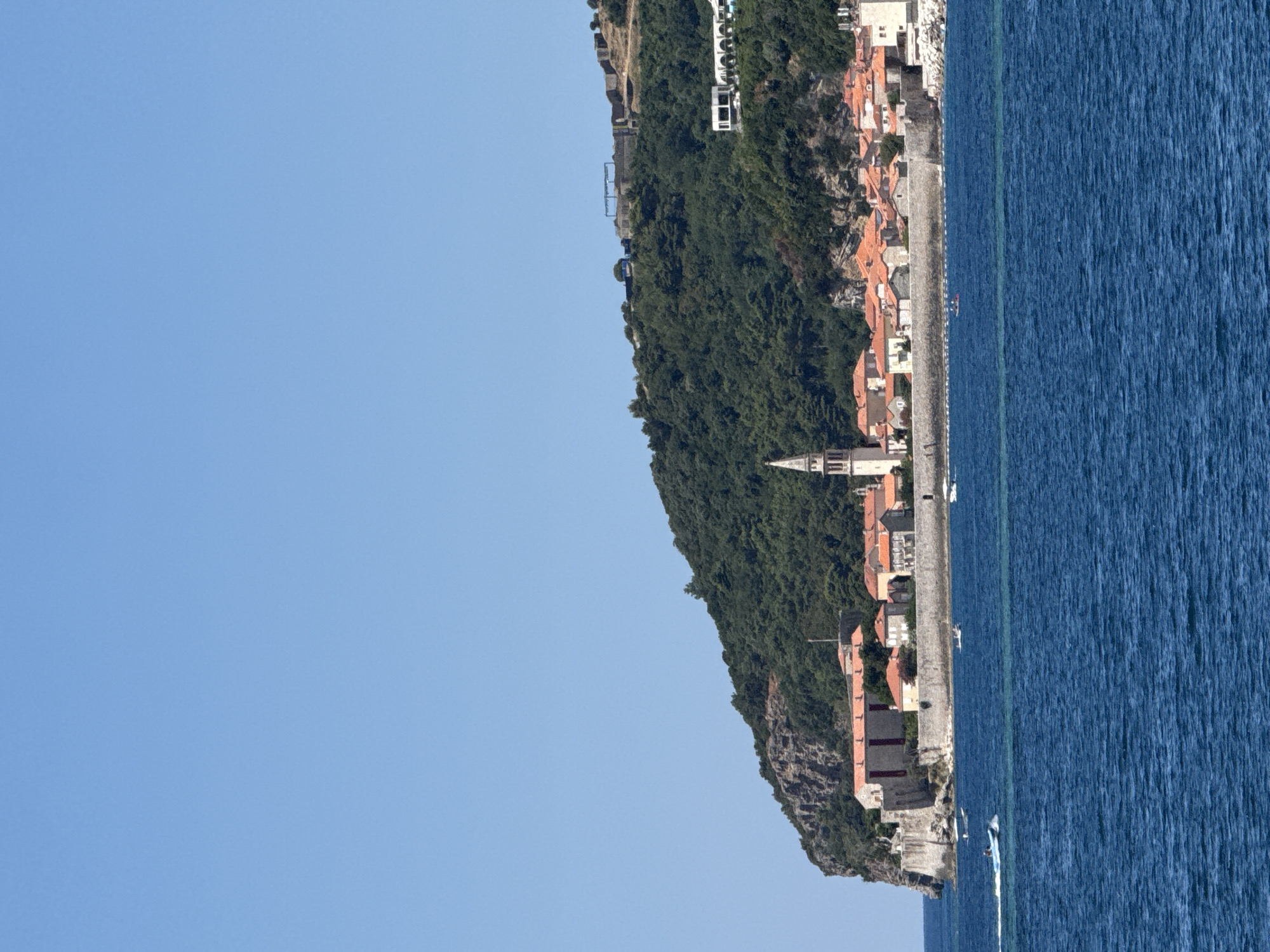 The image shows a coastal town nestled against a green, tree-covered hill under a clear blue sky. In the foreground, the deep blue sea is calm with gentle waves. Several boats are visible on the water, including a white speed boat with people on board creating a wake, and smaller boats closer to shore.
The town itself is situated along the coastline and appears to be fortified with stone walls. Buildings with terracotta roofs are densely packed together, forming a picturesque old town. A prominent church spire rises above the rooftops, indicating a significant religious building. Further up the hill, there are more structures, some appearing to be modern buildings and others older fortifications. The hill is densely forested with dark green trees, creating a stark contrast with the light blue sky and the vibrant blue sea. The overall scene is one of a sunny, coastal European location.
The location is the historic old town of Budva, Montenegro, viewed from the sea. The fortified walls and buildings are characteristic of the citadel and the old town area. The church spire is likely that of the Church of Saint John, a prominent landmark in Budva. The hill rising behind the town is referred to as "Topliš hill" or the "King's Hill".