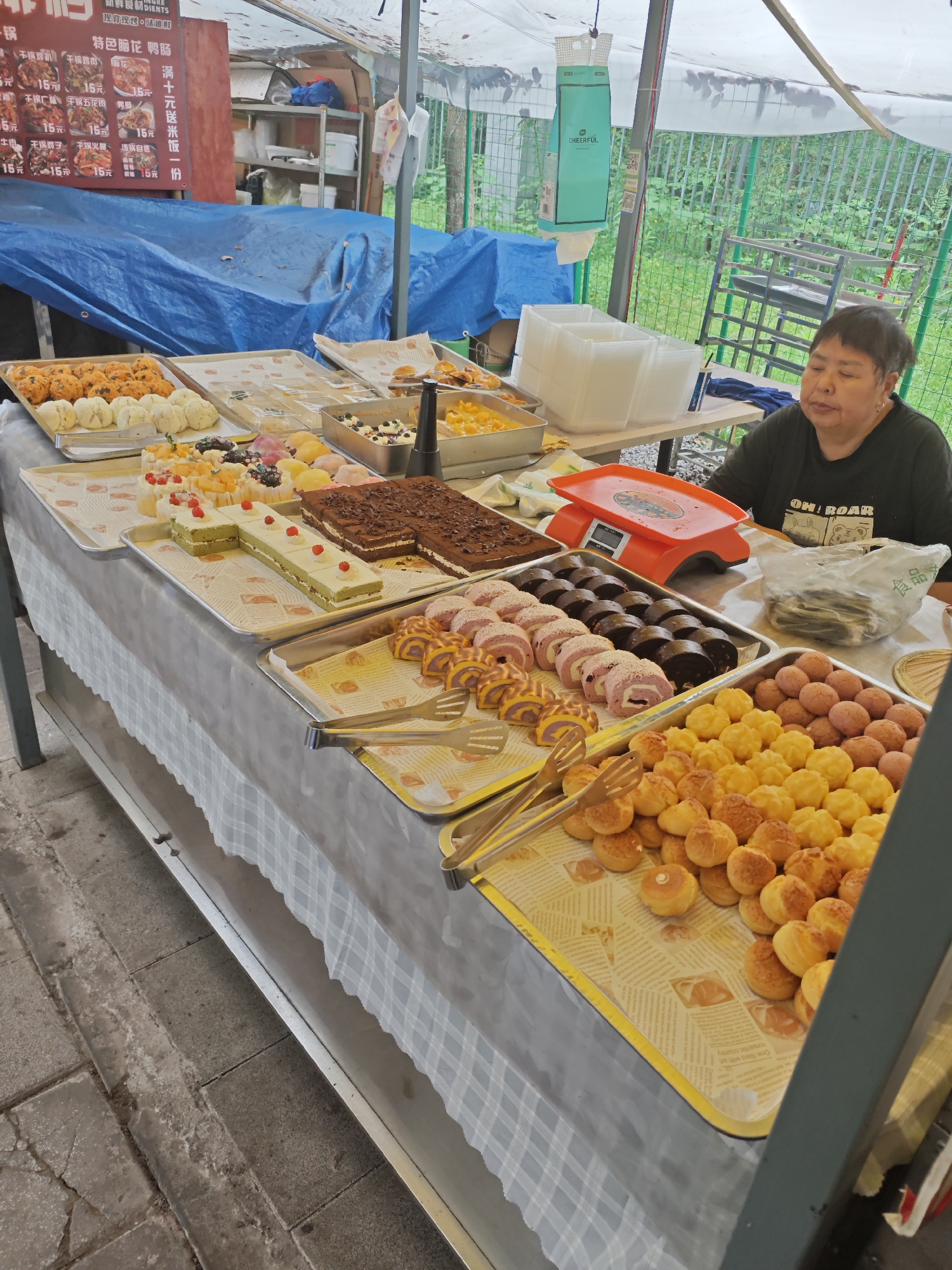 The image captures an outdoor food stall in Shapingba District, China. A woman with short black hair is standing behind a table laden with various baked goods and desserts. Multiple trays display round yellow pastries, purple and yellow rolled pastries, chocolate and pink rolls, small chocolate cakes, green cakes, fruit tarts, white buns, orange-colored snacks, and mango slices. Tongs are placed near the pastries for customers to use. An orange electronic scale sits on the table, along with clear plastic containers. A sign advertising "brain flower" and "duck intestines" dishes is visible above the table, as well as a sign indicating that customers get free rice for spending more than 10 yuan. The background features a blue tarp, a green fence, and lush greenery.